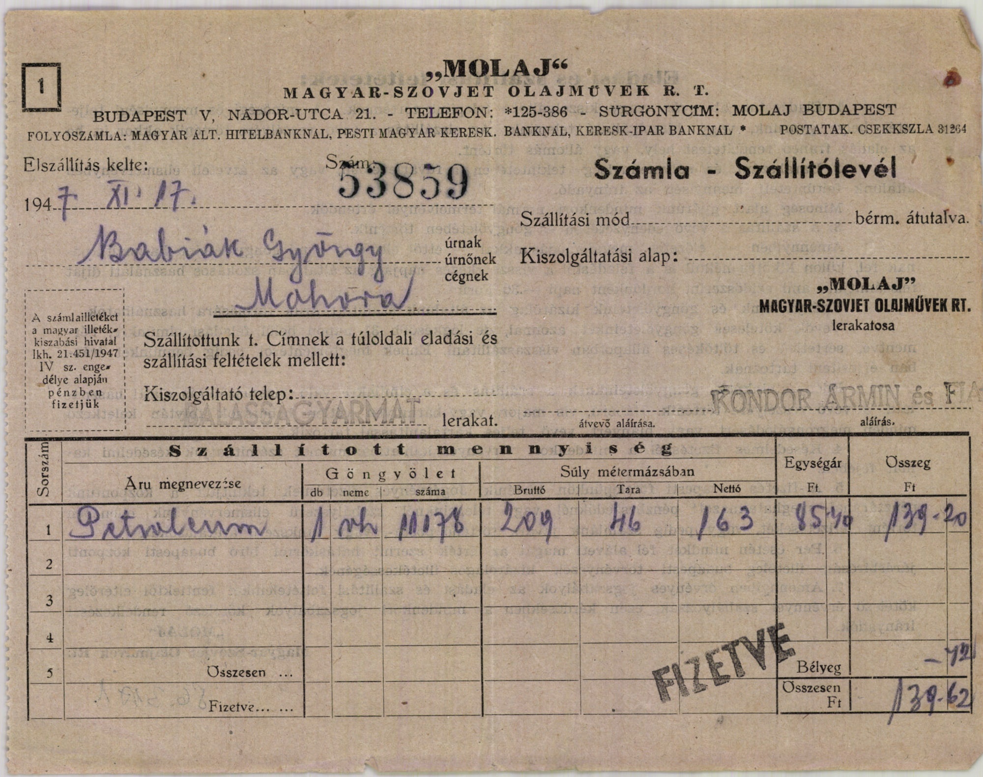 "MOLAJ" Magyar-Szovjet Olajművek R. T. (Magyar Kereskedelmi és Vendéglátóipari Múzeum CC BY-NC-SA)