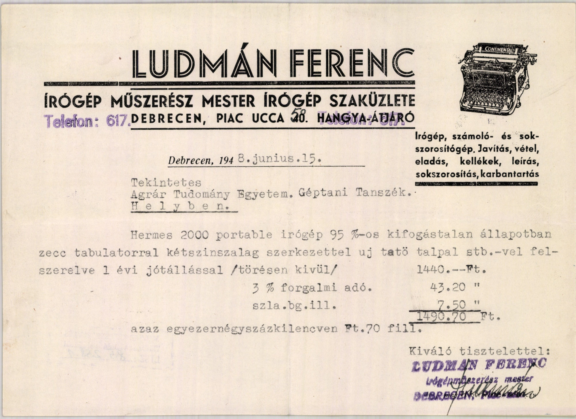 Ludmán Ferenc írógép műszerész mester írógép szaküzlete (Magyar Kereskedelmi és Vendéglátóipari Múzeum CC BY-NC-SA)