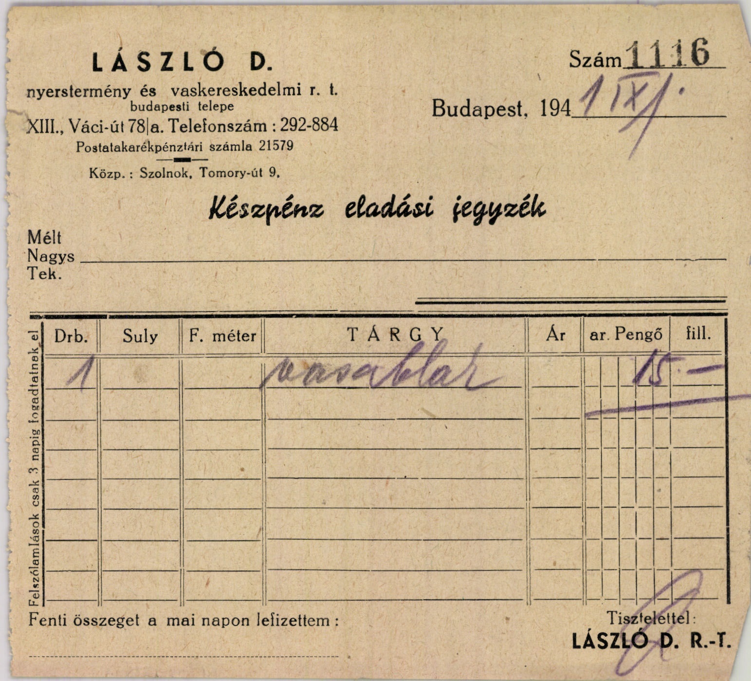 László D. nyerstermény és vaskereskedelmi r. t. budapesti telepe (Magyar Kereskedelmi és Vendéglátóipari Múzeum CC BY-NC-SA)