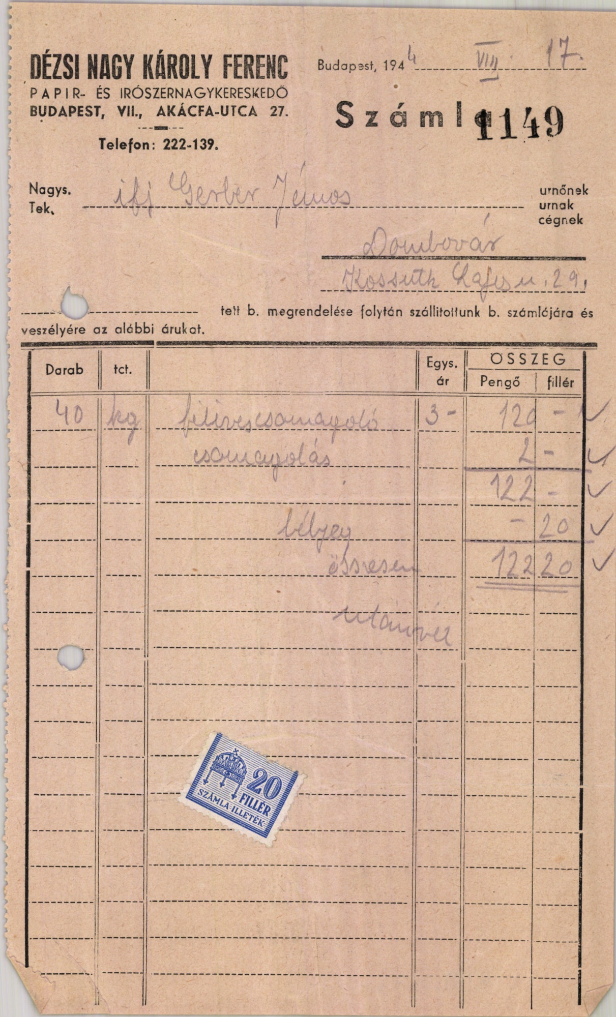 Dézsi Nagy Károly Ferenc papír- és írószernagykereskedő (Magyar Kereskedelmi és Vendéglátóipari Múzeum CC BY-NC-SA)