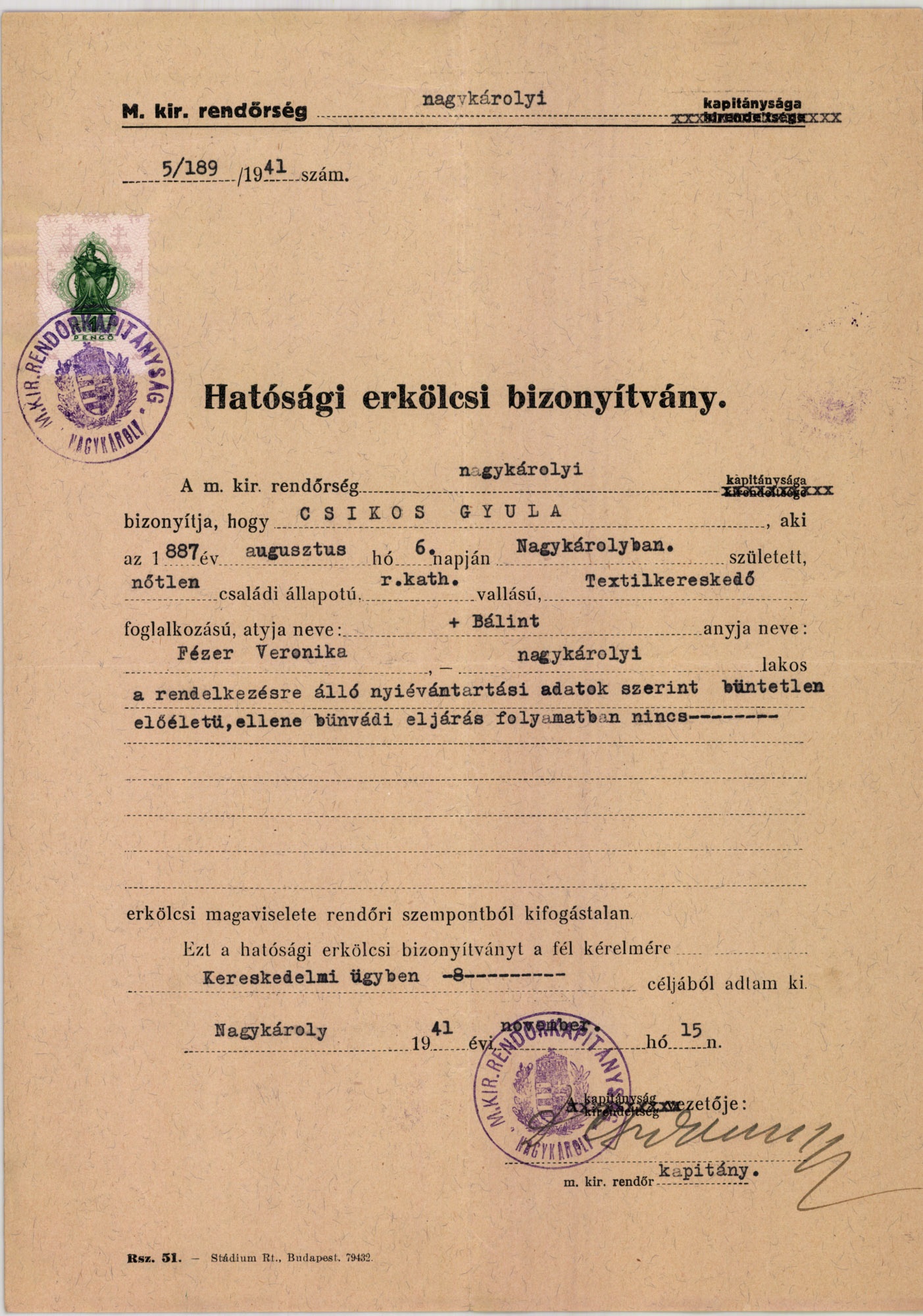 Nagykárolyi M. kir. rendőrség (Magyar Kereskedelmi és Vendéglátóipari Múzeum CC BY-NC-SA)