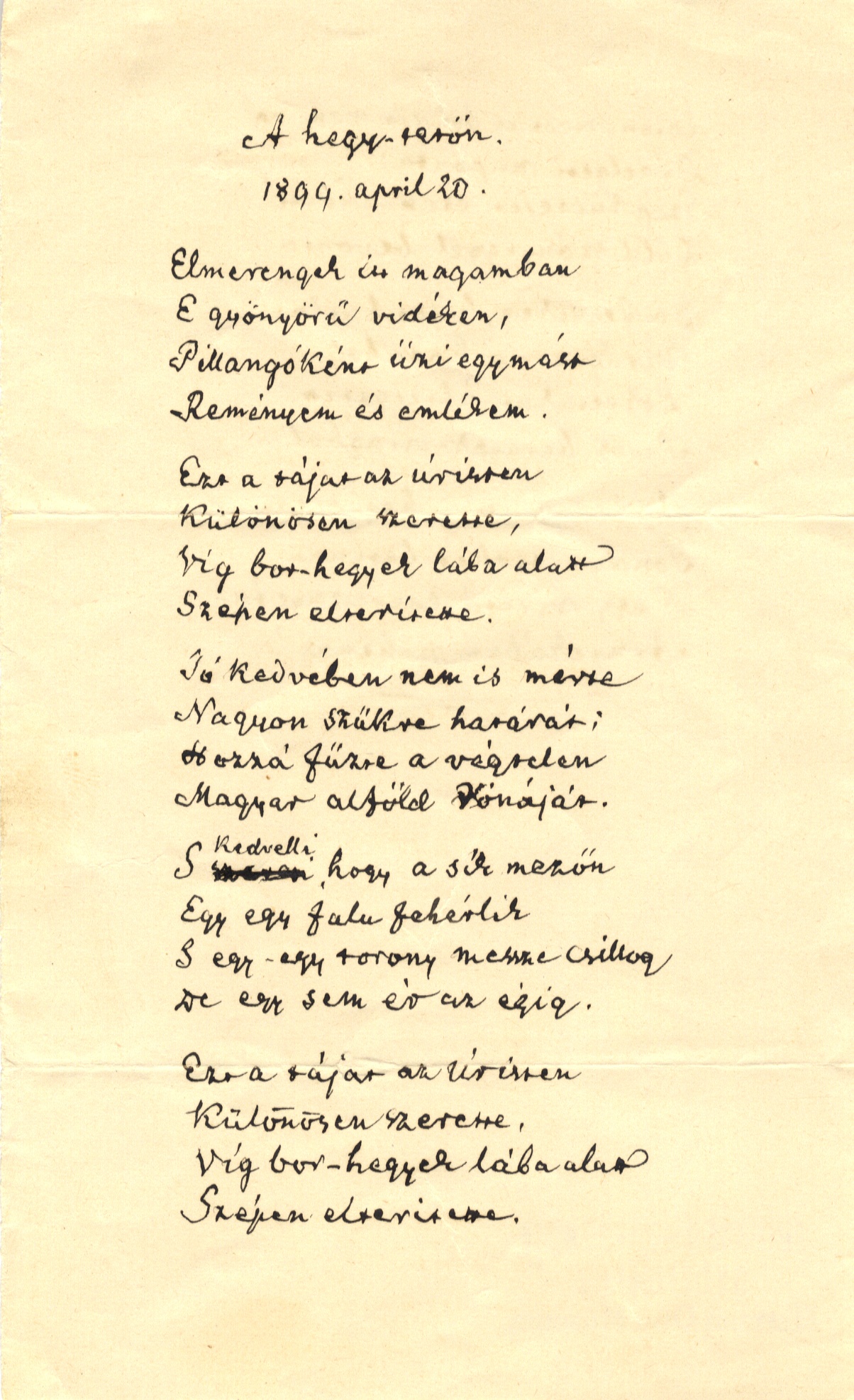 Lévay József: A hegy-tetőn 1894. ápril. 20. (vers) (Herman Ottó Múzeum, Miskolc CC BY-NC-SA)