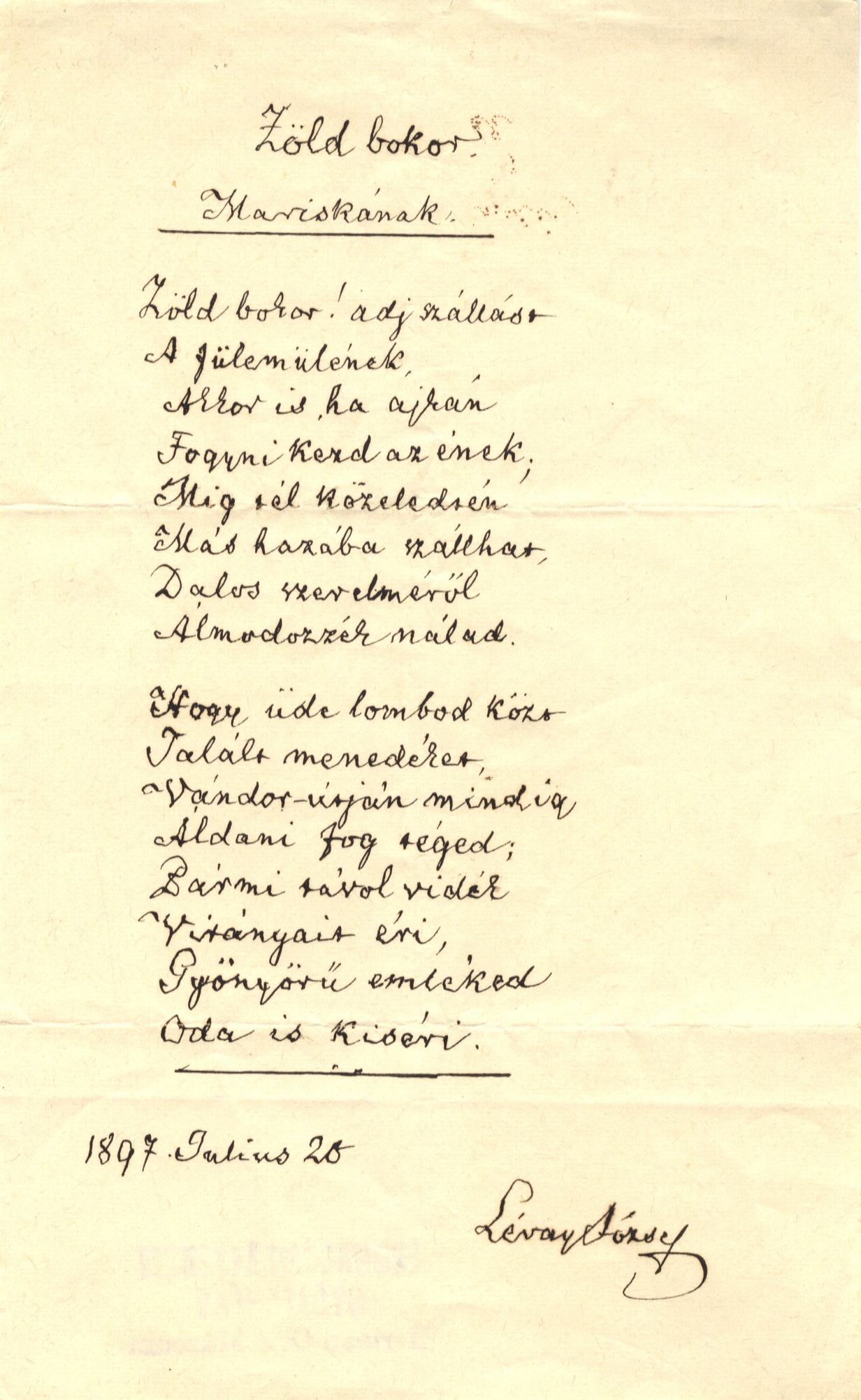 Lévay József: Zöld bokor  (vers) (Herman Ottó Múzeum, Miskolc CC BY-NC-SA)