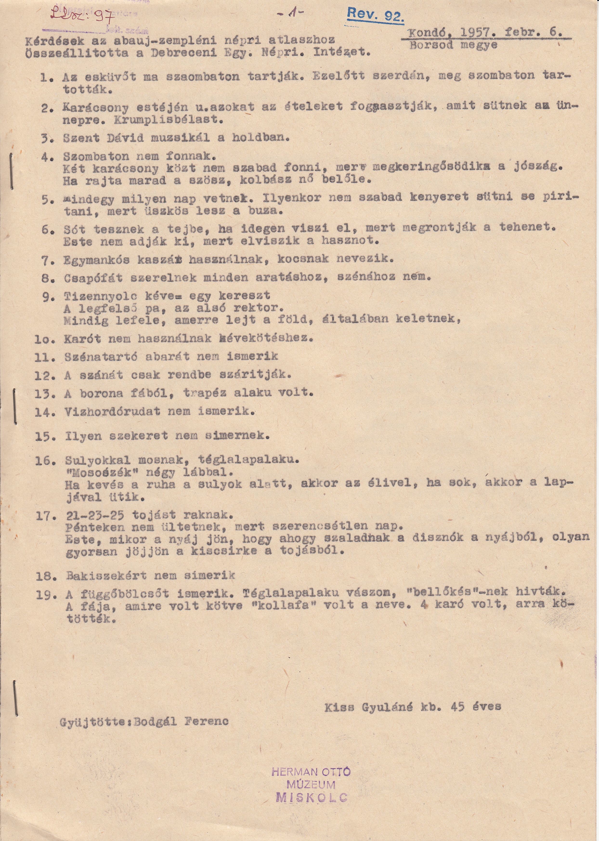 Kérdések az abaúj-zempléni néprajzi atlaszhoz, sírfeliratok. (Herman Ottó Múzeum CC BY-NC-SA)