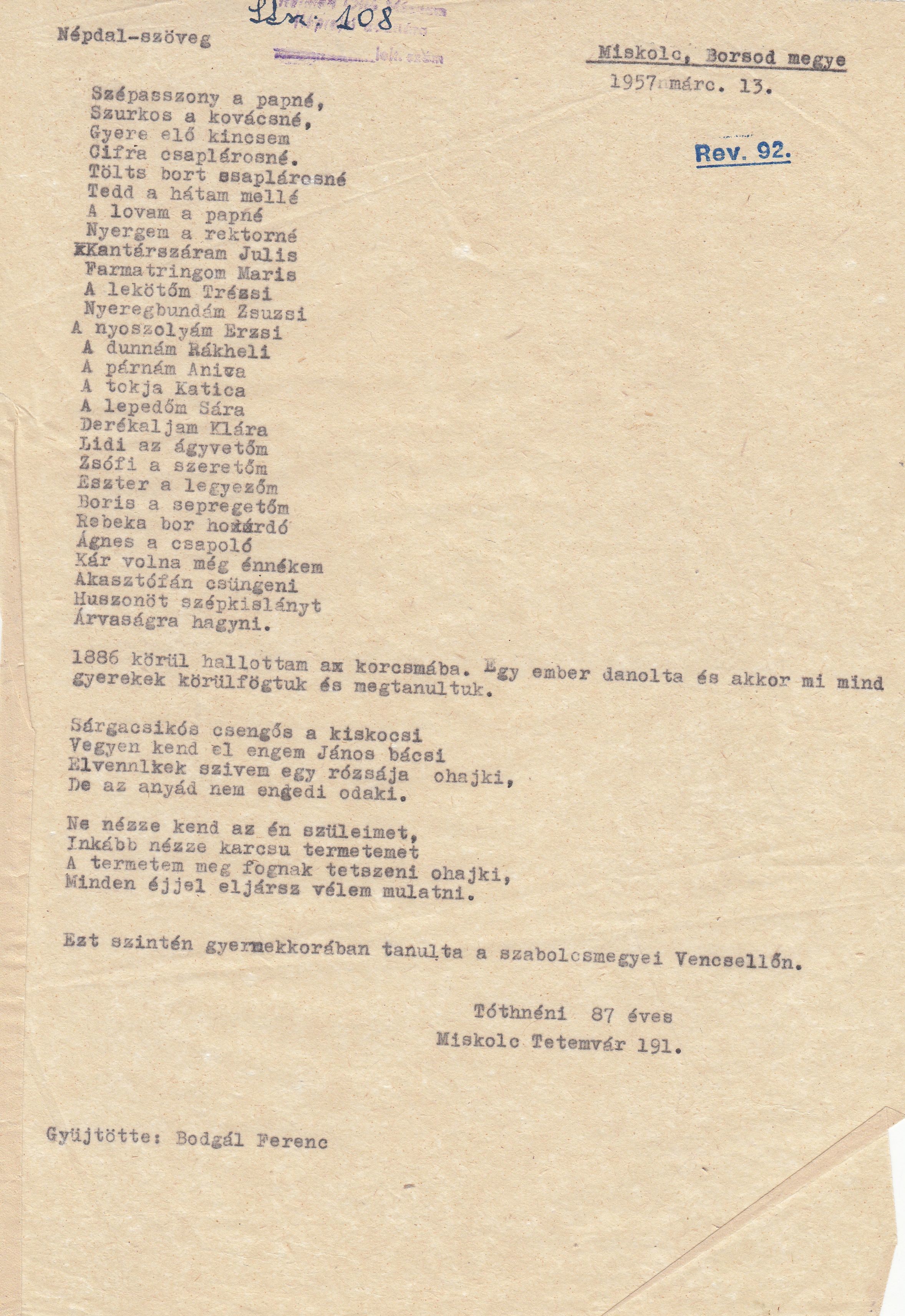 Népdalszövegek (Herman Ottó Múzeum CC BY-NC-SA)