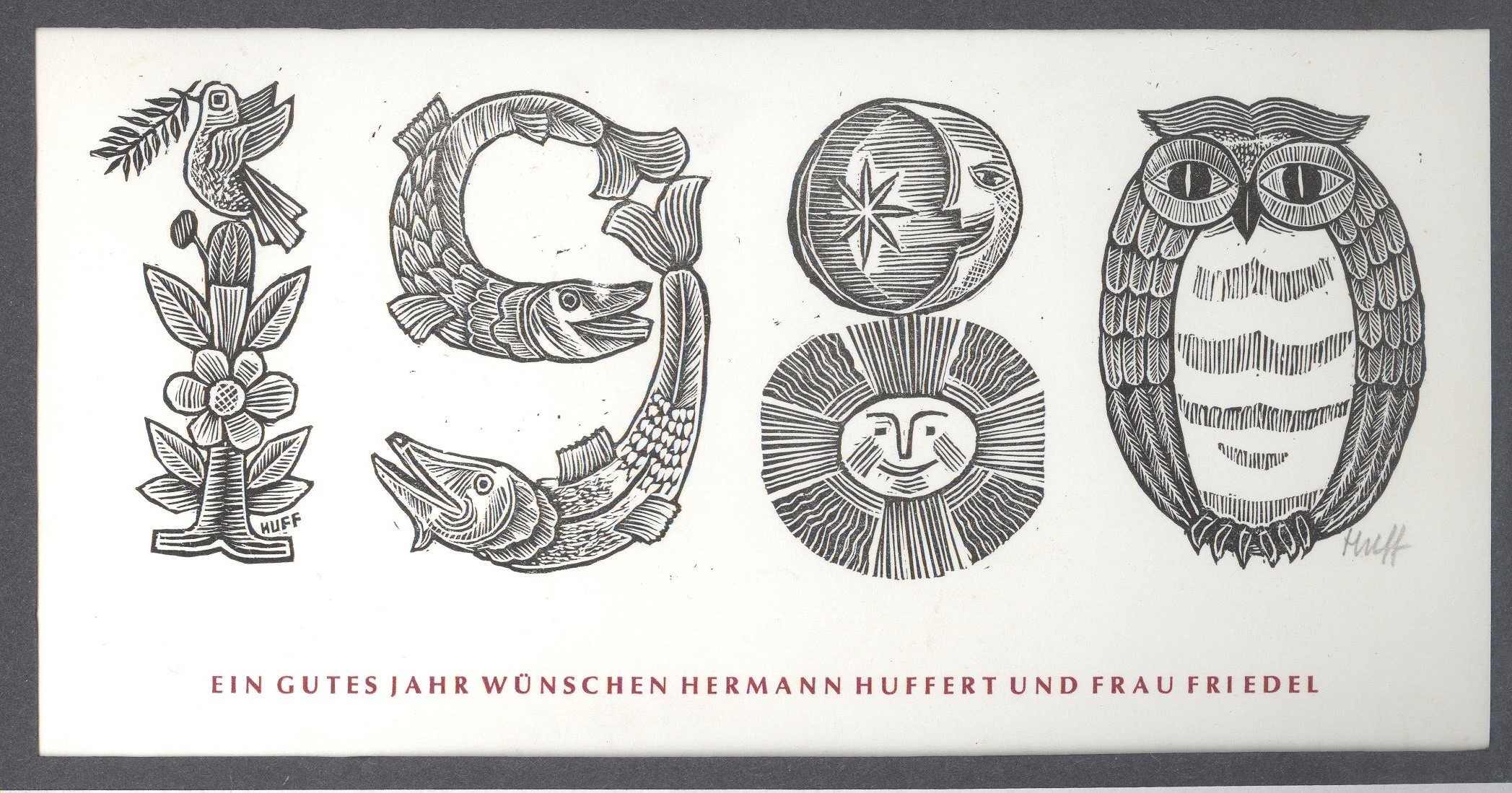 Ex-libris         1980    Ein Gutes Jahr Wünschen Hermann Huffert Frau Friedel (Holló László Galéria, Putnok CC BY-NC-SA)