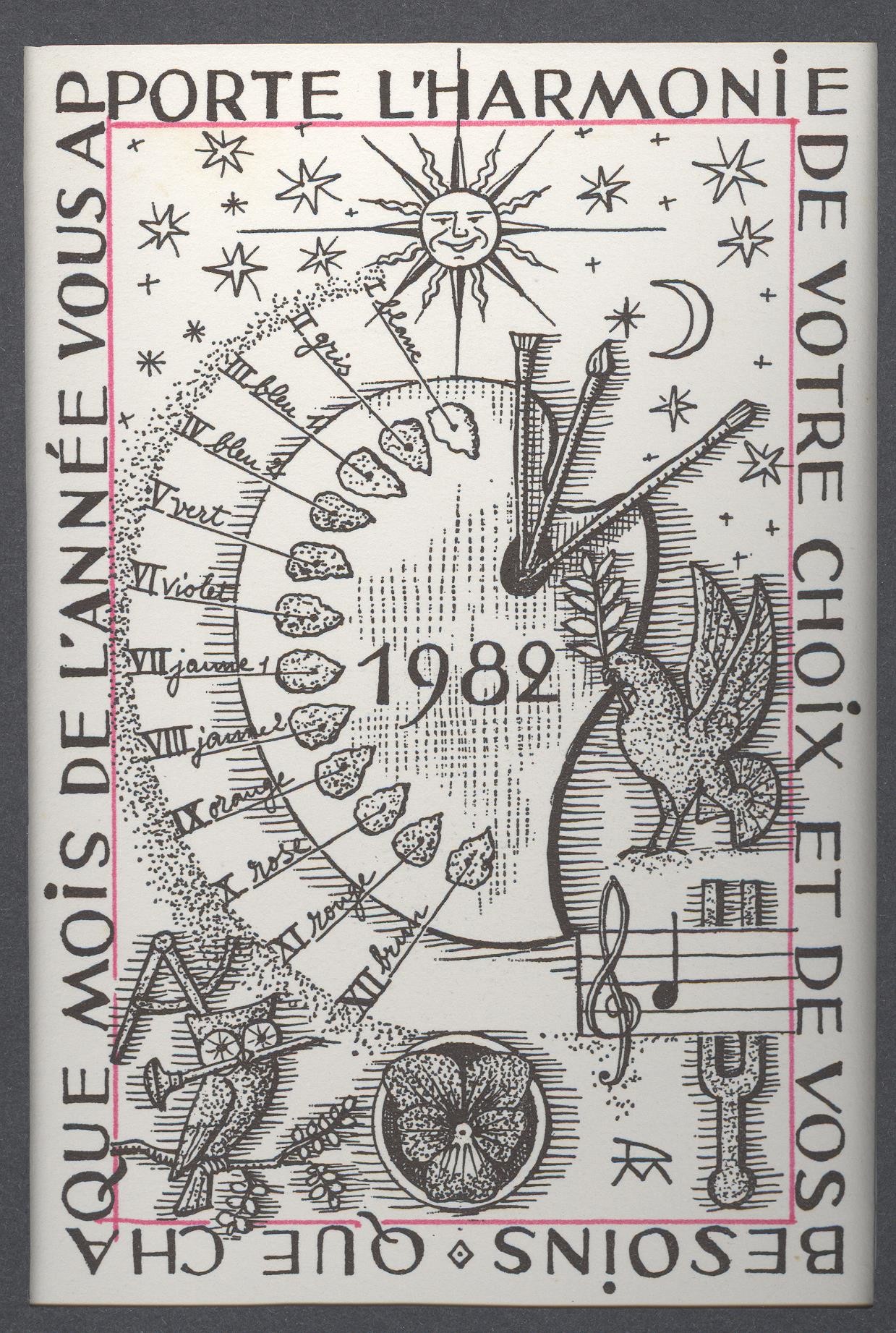 Ex-libris   Besoins Que Cha Que Mois De Lanne'e Vous Ap Porte L'Harmonie de Votre Choix Et De Vos 1982 (Holló László Galéria, Putnok CC BY-NC-SA)