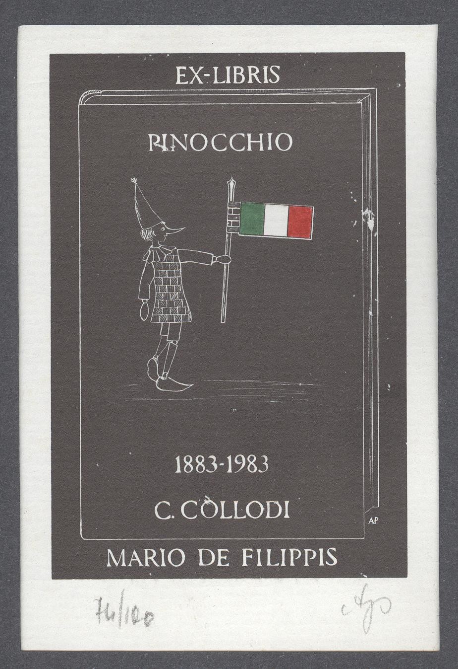 Ex-libris    Pinocchio 1883-1983 C. Cóllodi       Mario De Filippis (Holló László Galéria, Putnok CC BY-NC-SA)