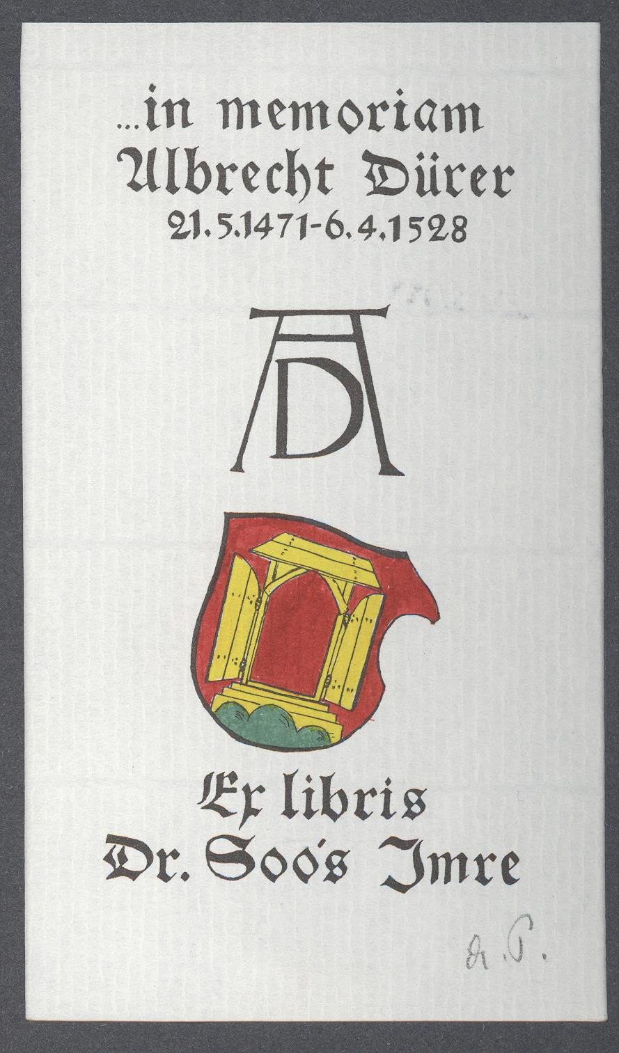 Ex-libris    In Memoriam Albert Dürer       Dr. Soós Imre (Holló László Galéria, Putnok CC BY-NC-SA)