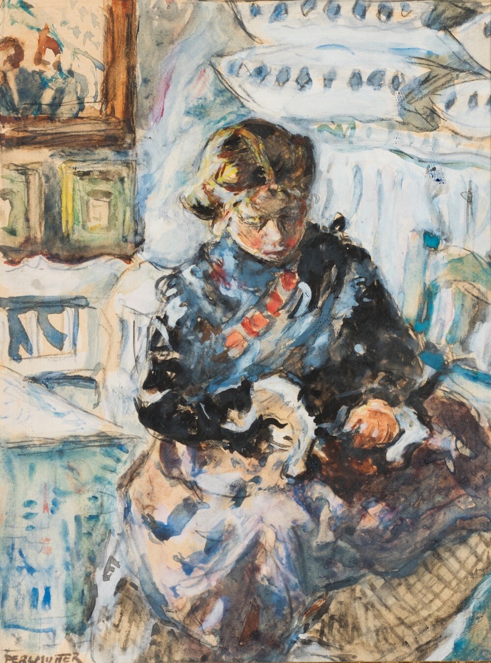 Perlmutter Izsák: Lány parasztszobában (Lány macskával) (Herman Ottó Múzeum CC BY-NC-SA)