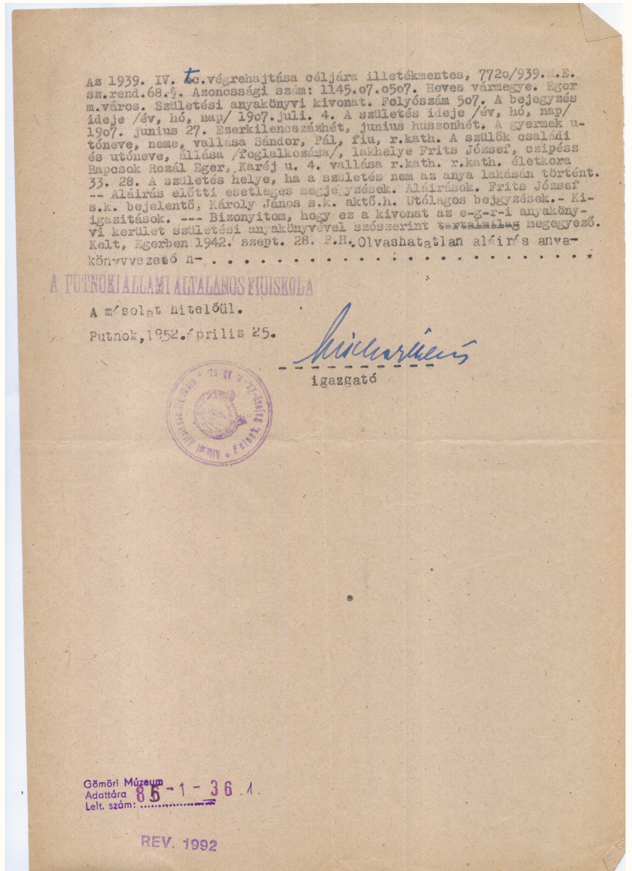 Születési anyakönyvi kivonat másolata 1952. (Gömöri Múzeum, Putnok CC BY-NC-SA)