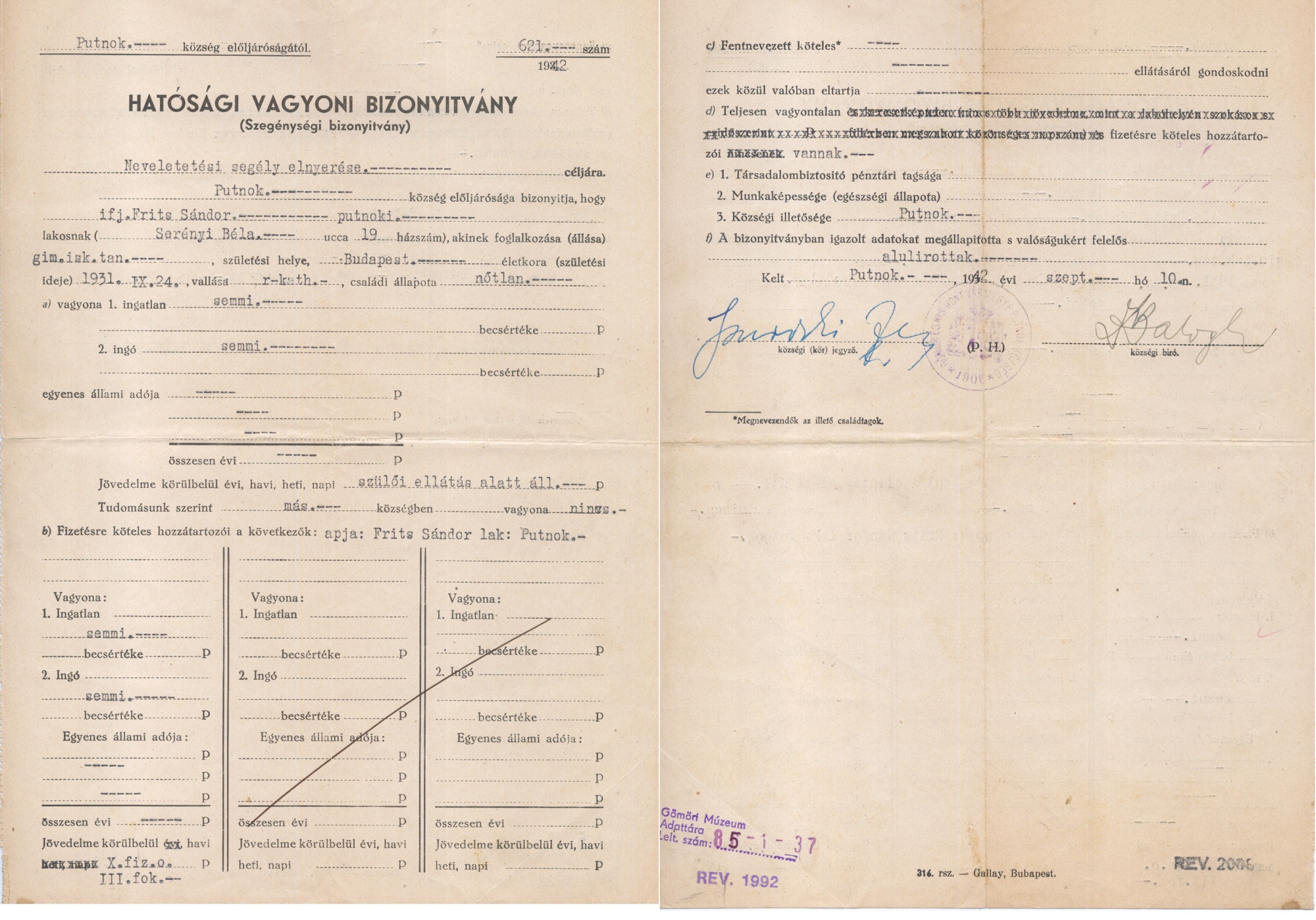 Hatósági vagyoni bizonyítvány Szegénységi bizonyítvány 1942. (Gömöri Múzeum, Putnok CC BY-NC-SA)