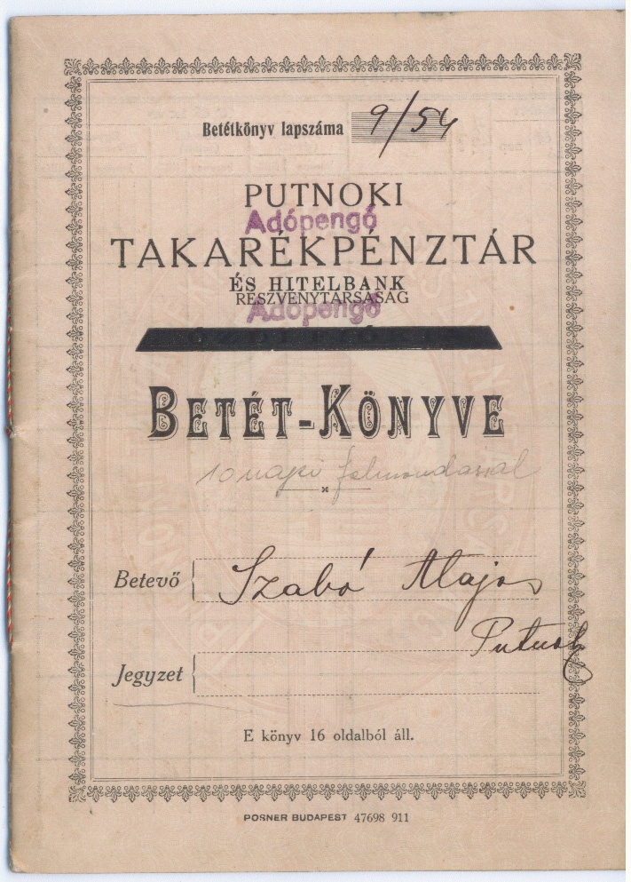 Betét-könyv. (Gömöri Múzeum, Putnok CC BY-NC-SA)