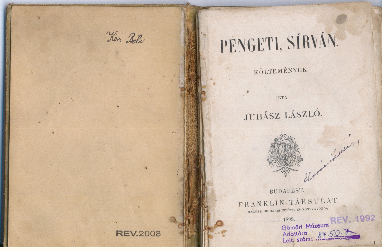 Juhász László: Pengeti, sírván. Költemények. 1899 (Gömöri Múzeum, Putnok CC BY-NC-SA)