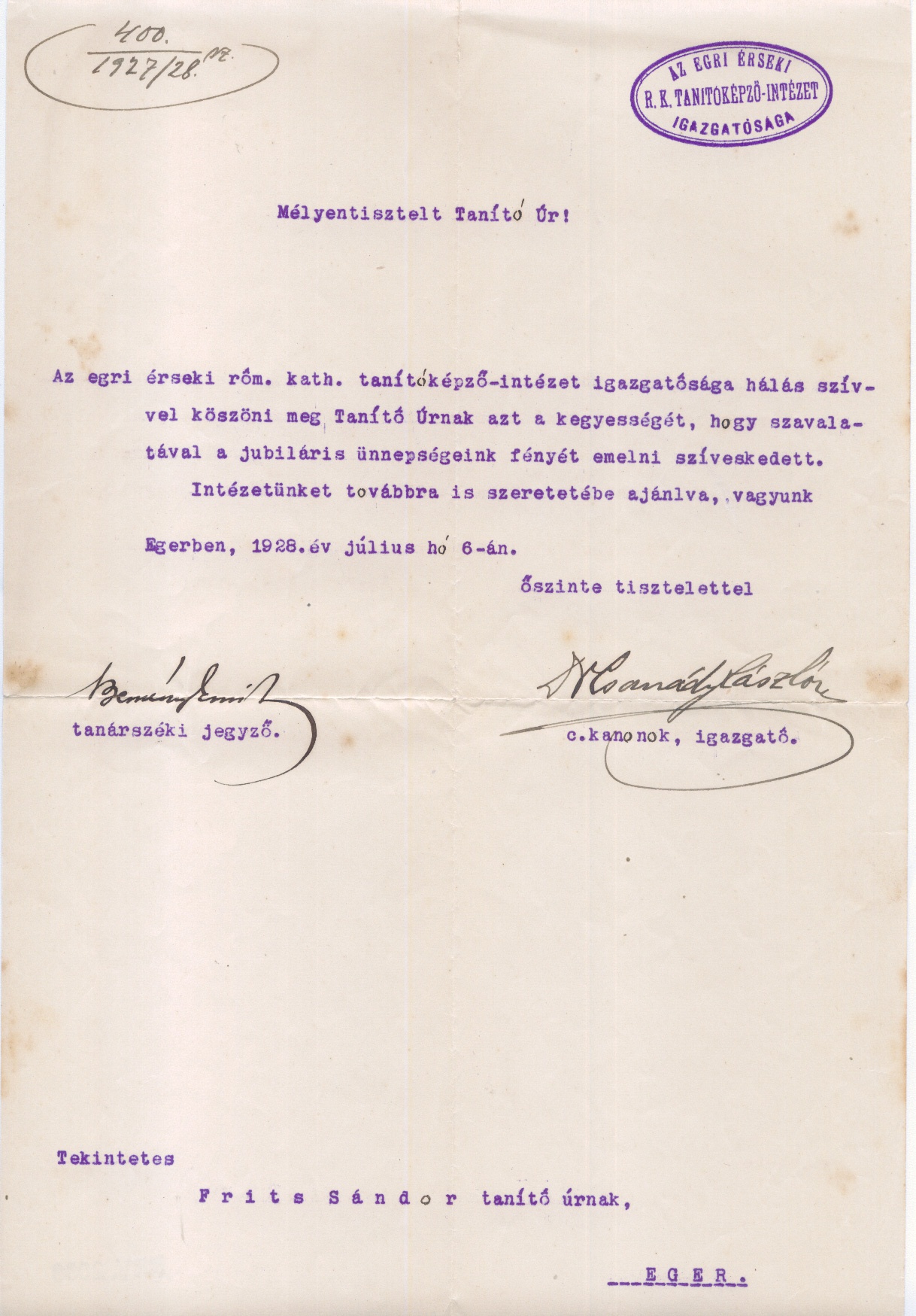 Köszönô levél (Gömöri Múzeum, Putnok CC BY-NC-SA)