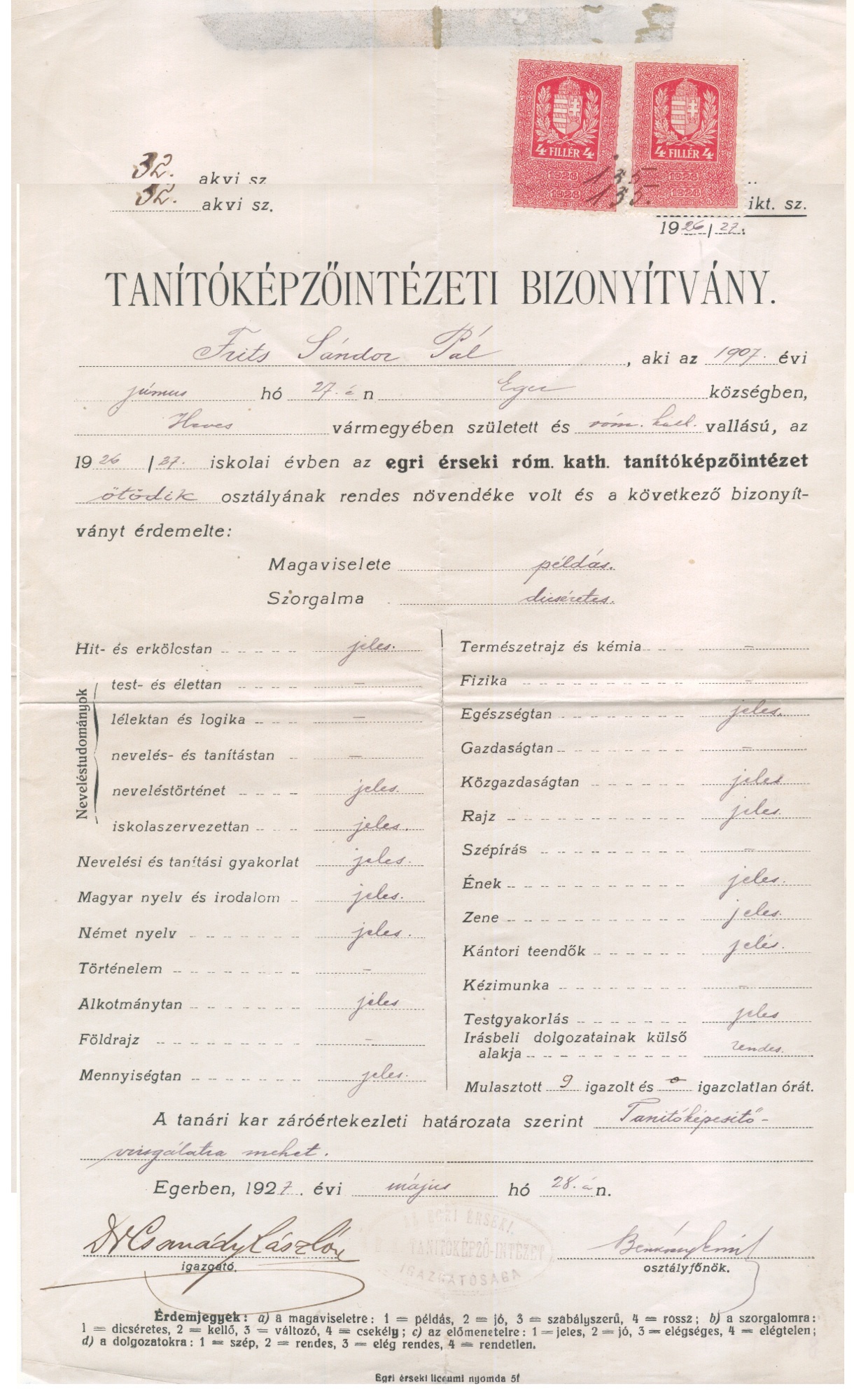 Tanítóképzô intézeti bizonyítvány (Gömöri Múzeum, Putnok CC BY-NC-SA)