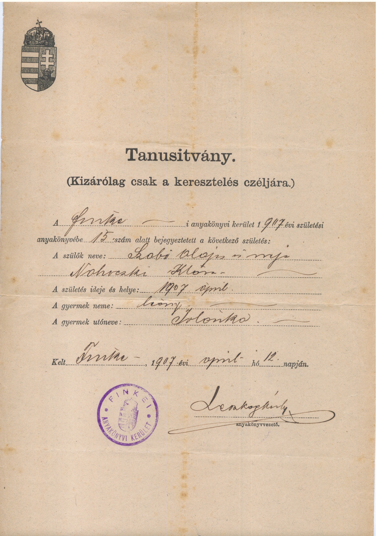Születési anyakönyvi tanusítvány. (Gömöri Múzeum, Putnok CC BY-NC-SA)