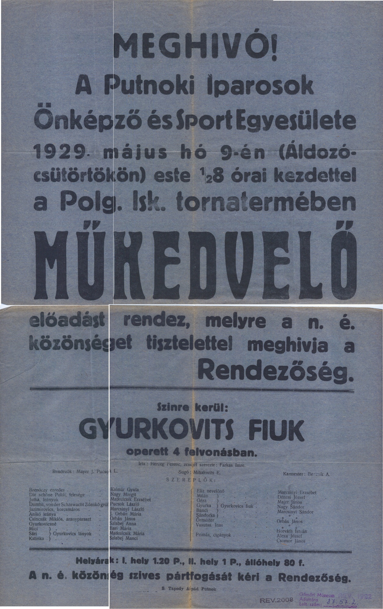 Meghívó  1929. (Gömöri Múzeum, Putnok CC BY-NC-SA)