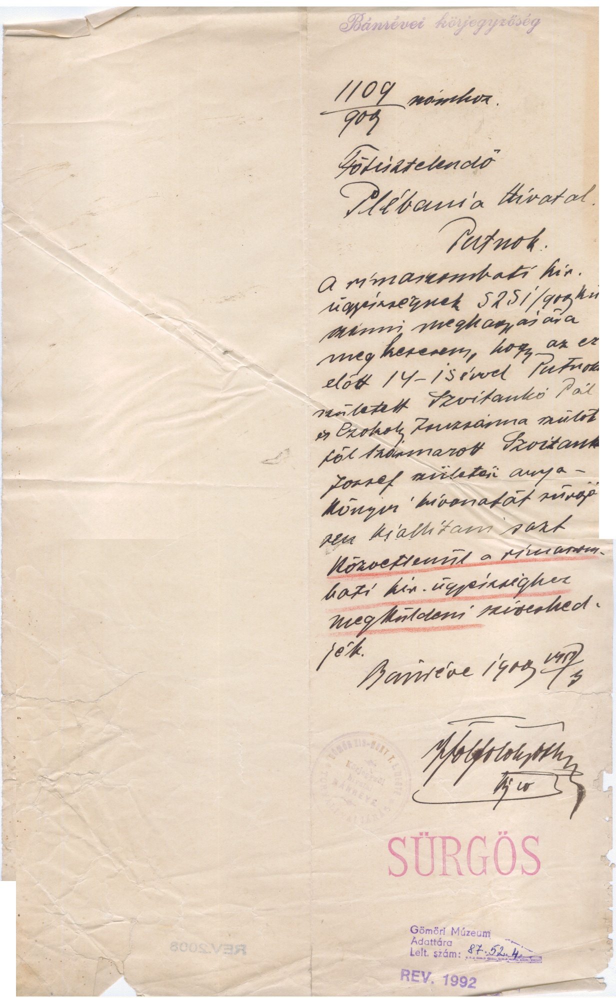 Kézírásos levél. 1909. (Gömöri Múzeum, Putnok CC BY-NC-SA)