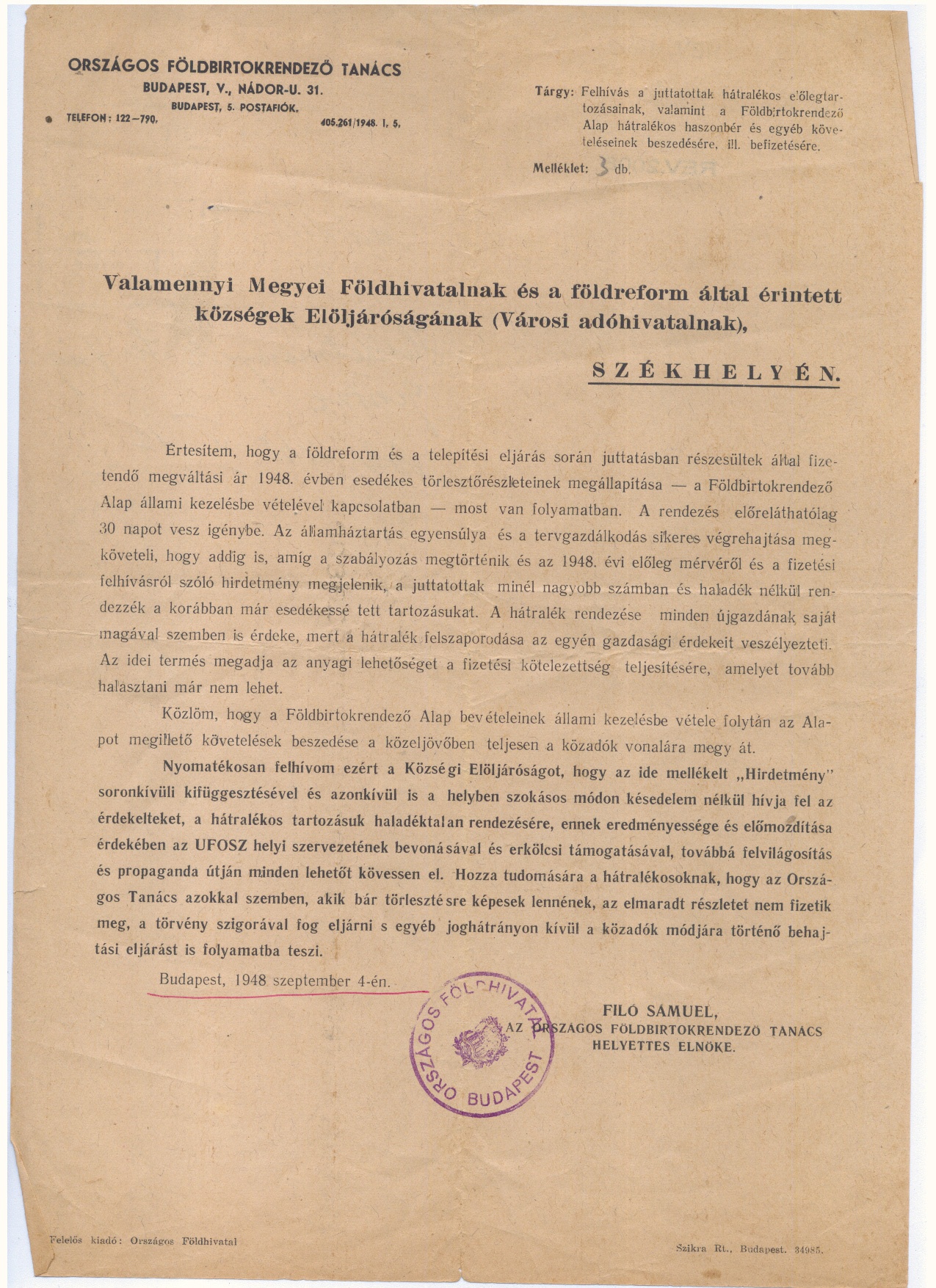 Sokszorosított levél  1948. (Gömöri Múzeum, Putnok CC BY-NC-SA)