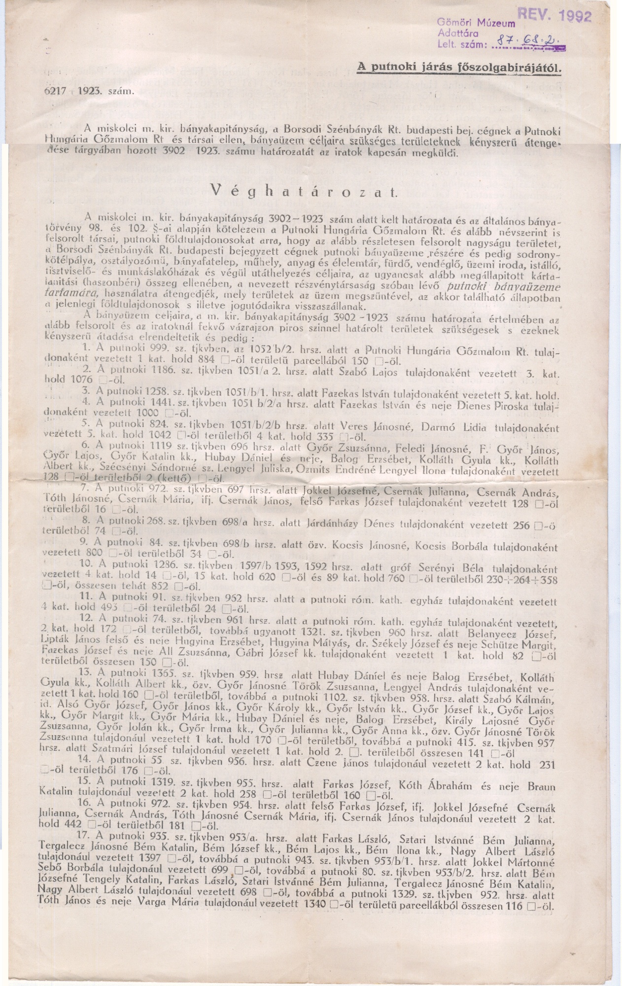 Véghatározat       1923. (Gömöri Múzeum, Putnok CC BY-NC-SA)