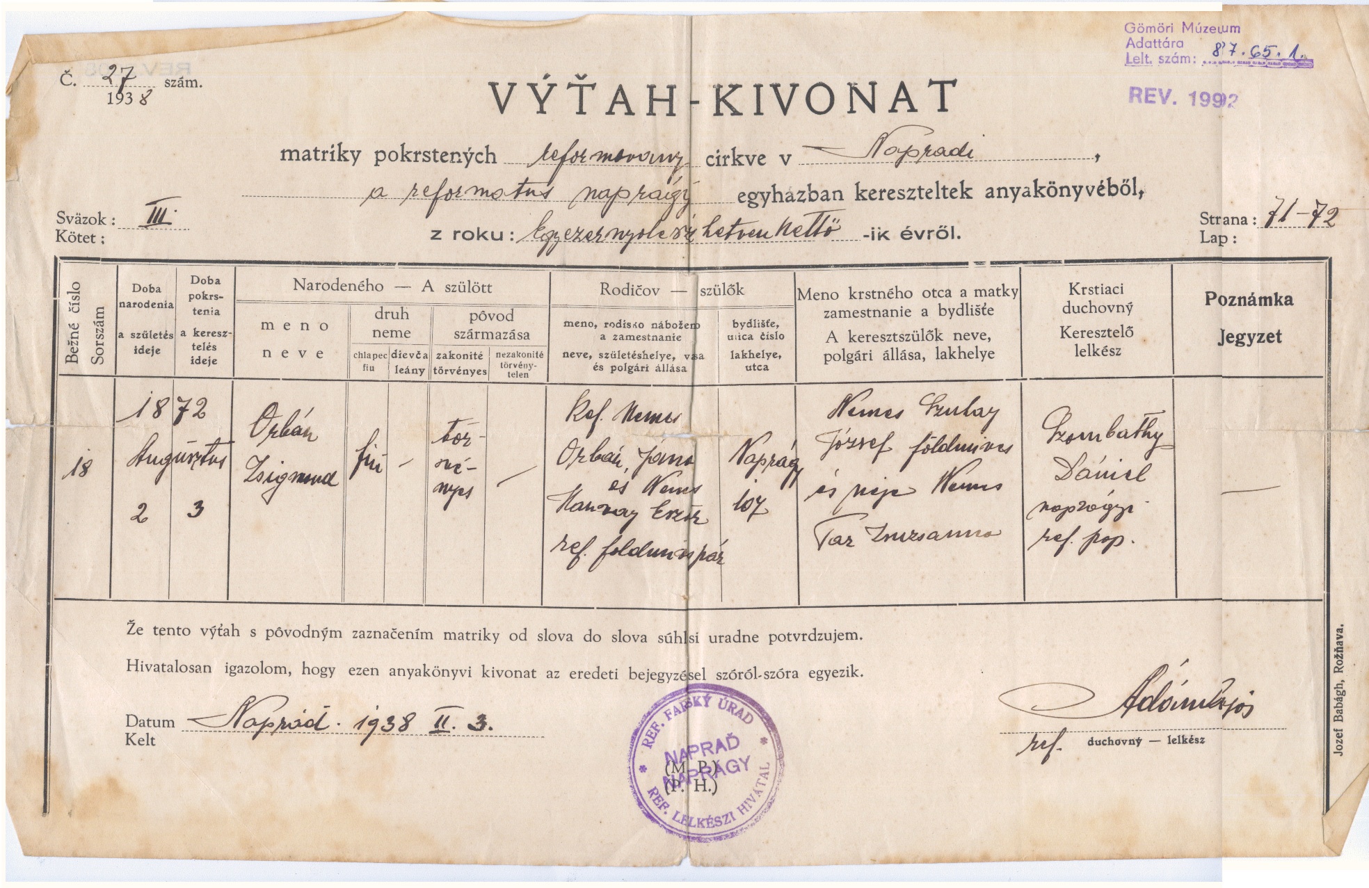 Anyakönyvi kivonat 1938 (Gömöri Múzeum, Putnok CC BY-NC-SA)