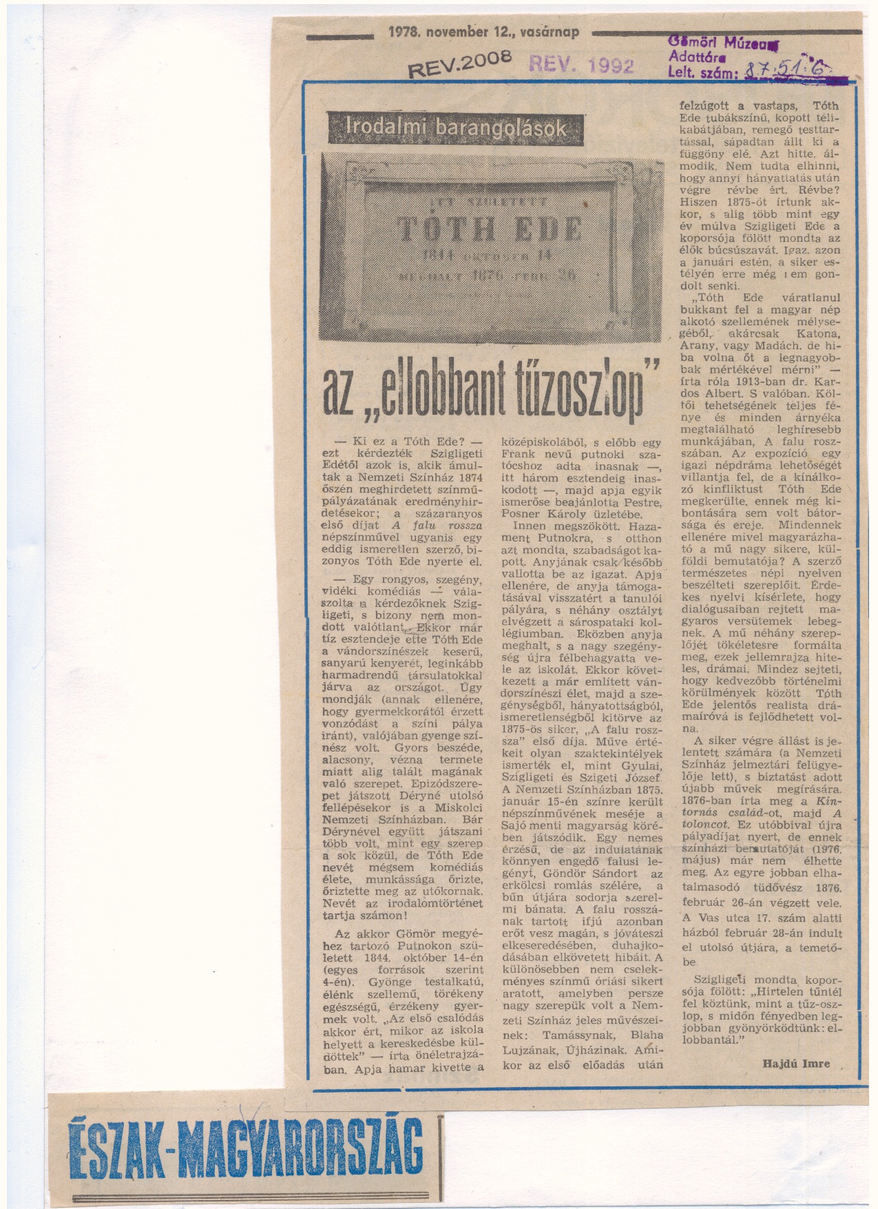 Tóth Ede dokumentumok,lapkivágás /ÉM. 1978.nov.12./ (Gömöri Múzeum, Putnok CC BY-NC-SA)