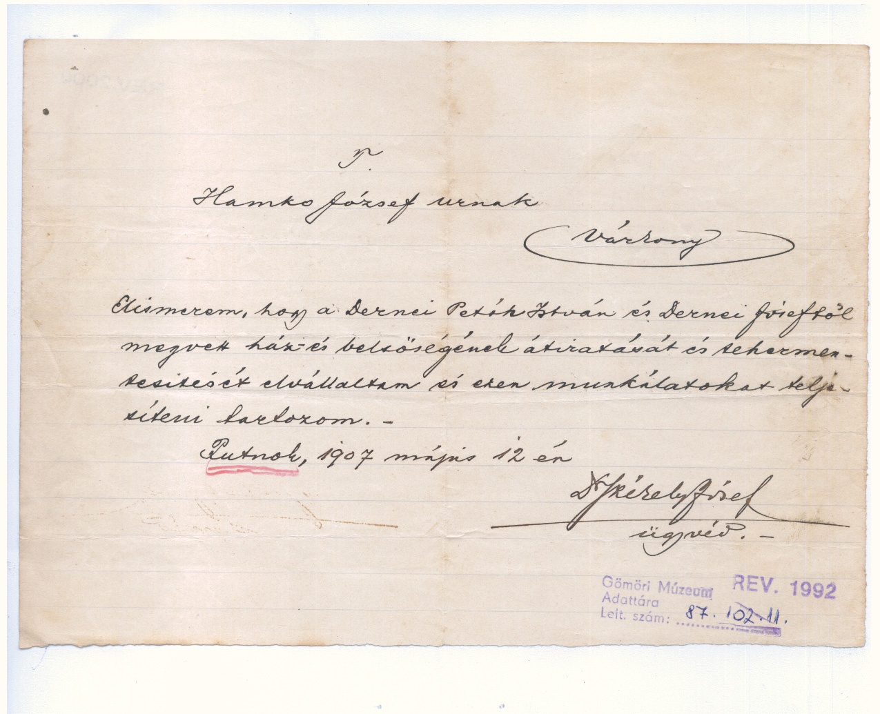 Ügyvédi iratok        1906 (Gömöri Múzeum, Putnok CC BY-NC-SA)