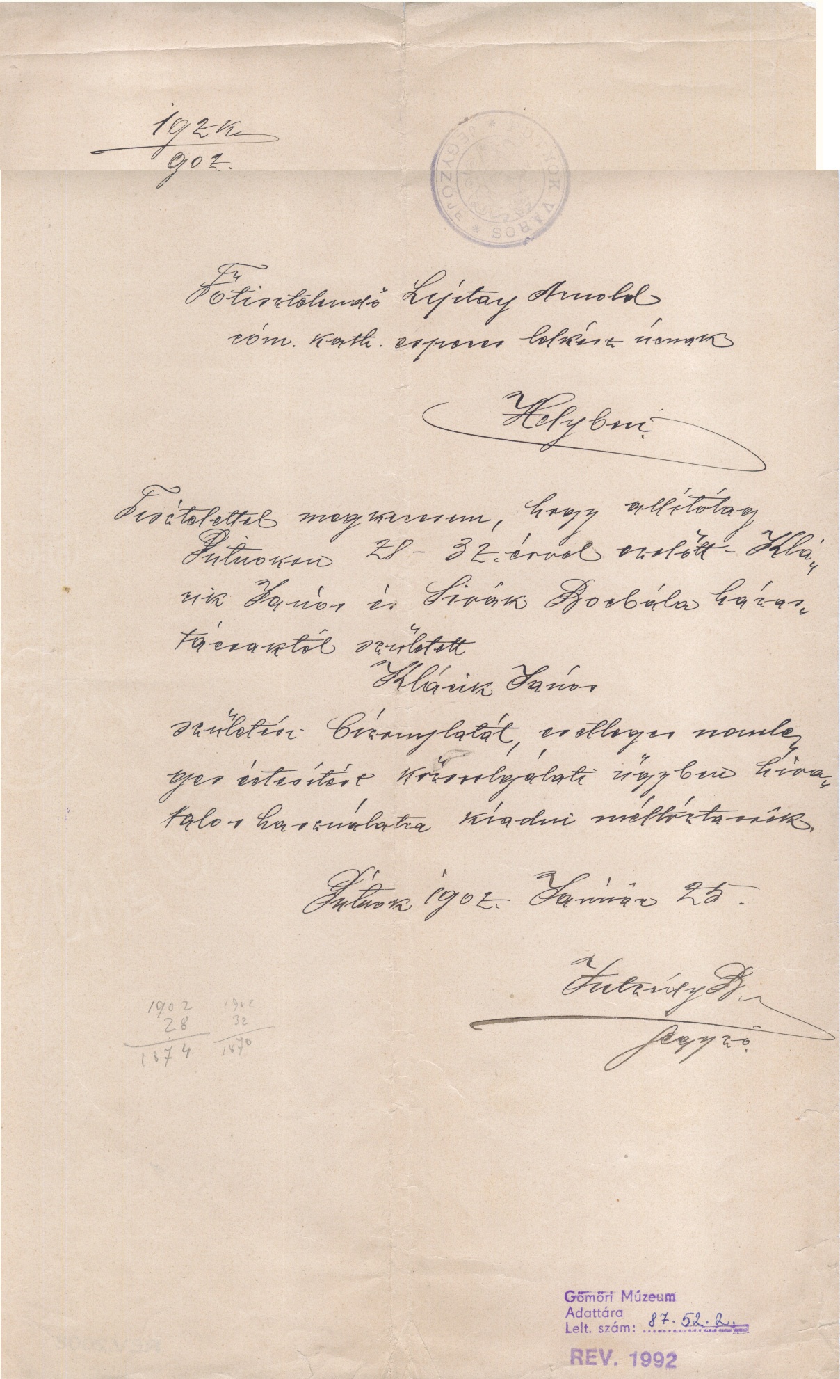 Kézírásos levél. 1902.01.25. (Gömöri Múzeum, Putnok CC BY-NC-SA)