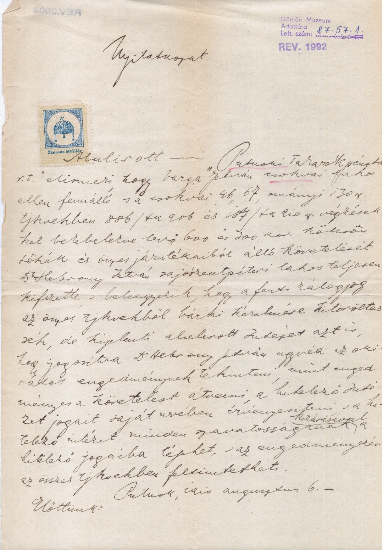 Nyilatkozat  1910 (Gömöri Múzeum, Putnok CC BY-NC-SA)