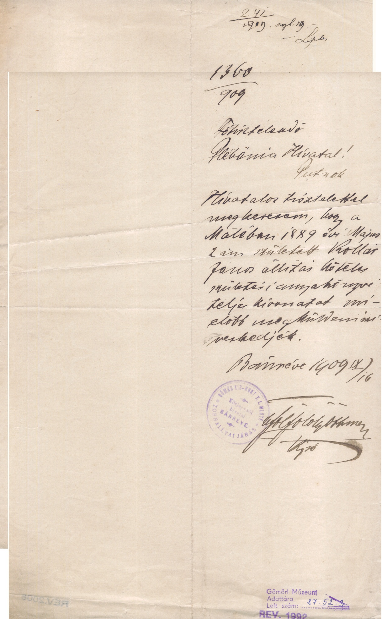 Kézírásos levél. 1909.09.16. (Gömöri Múzeum, Putnok CC BY-NC-SA)