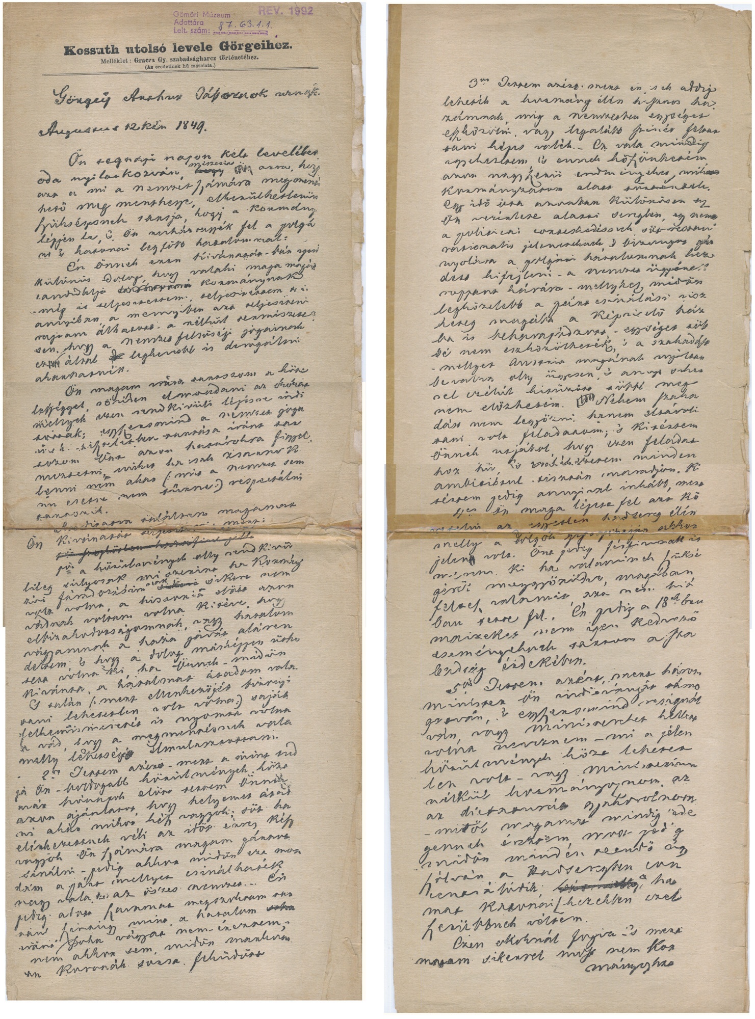 Kossuth utolsó levele Görgeihez 1849 (Gömöri Múzeum, Putnok CC BY-NC-SA)