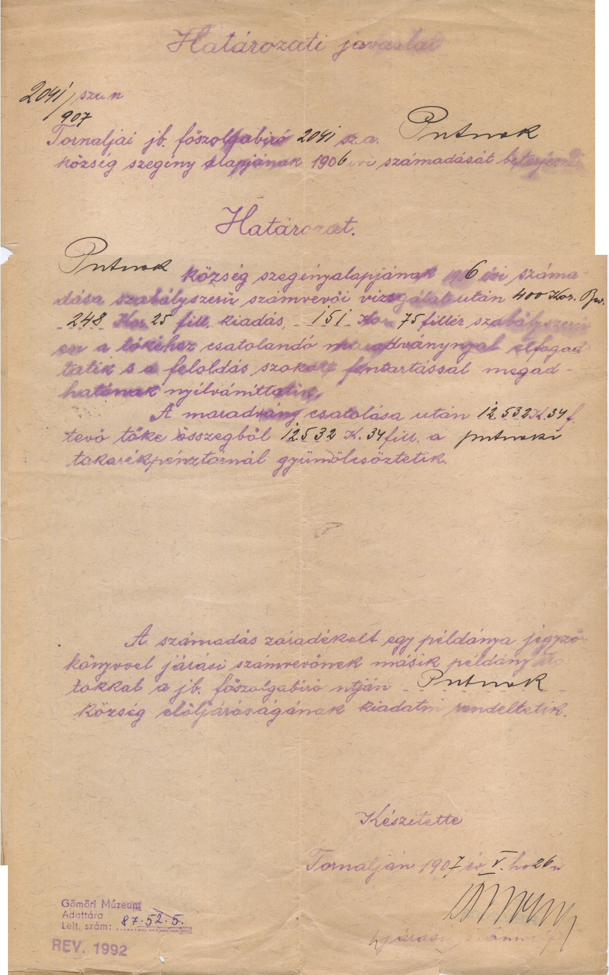 Határozat  1907. (Gömöri Múzeum, Putnok CC BY-NC-SA)