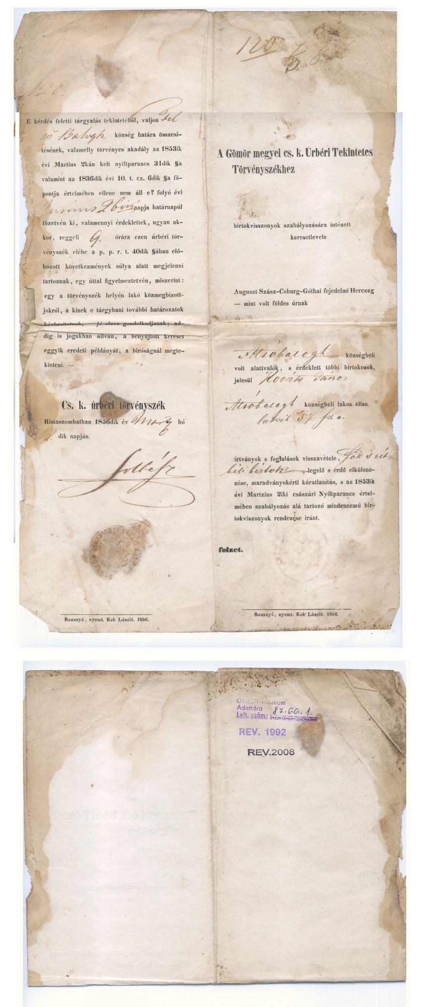 Śrbéri törvényszéki iratok 1856, 1871. (Gömöri Múzeum, Putnok CC BY-NC-SA)