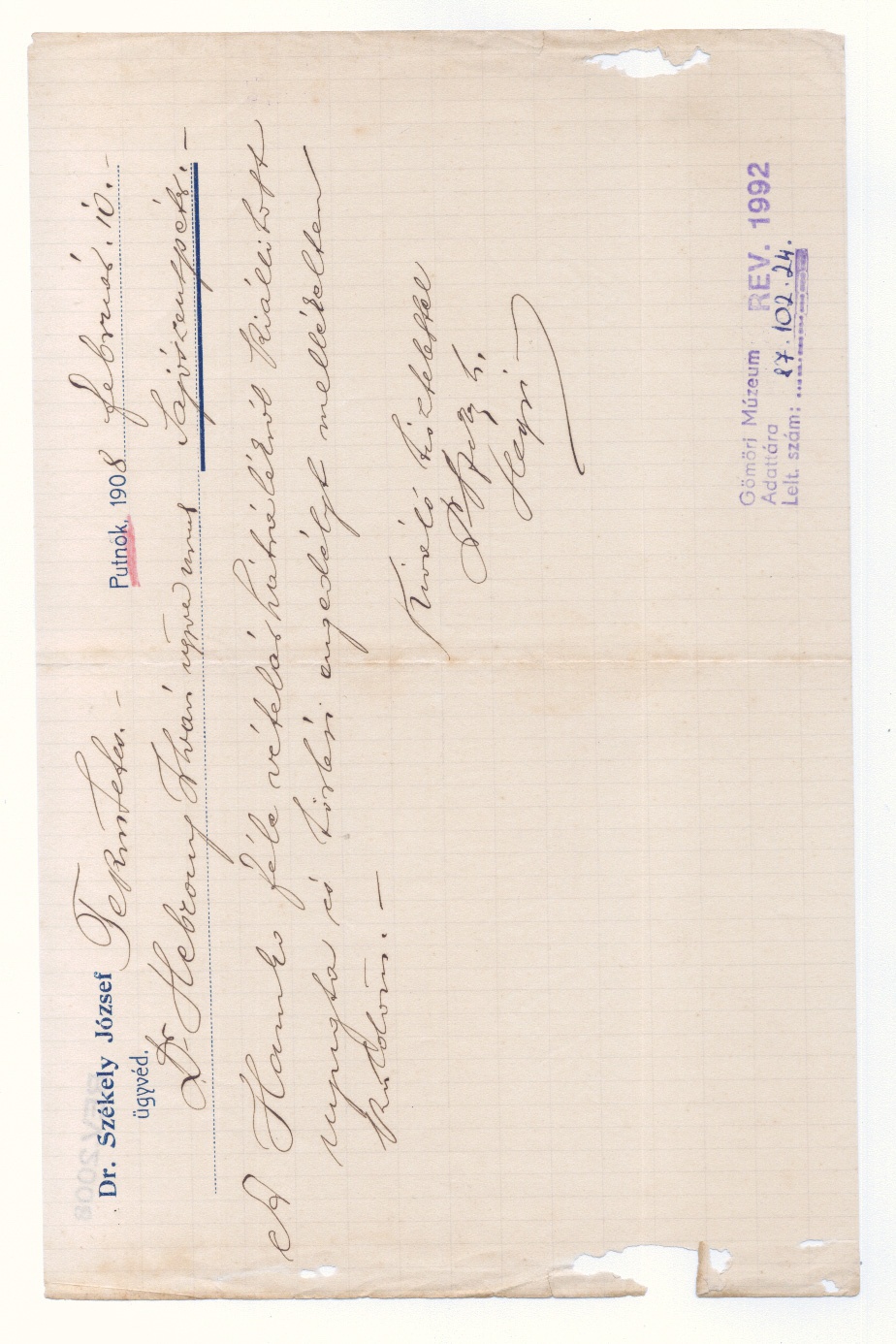 Dr.Hebrony István ügyvédi iratai 1908 (Gömöri Múzeum, Putnok CC BY-NC-SA)