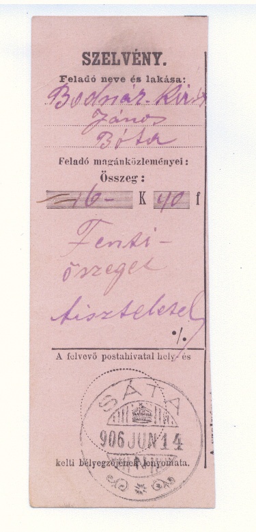 Feladó szelvény     1906-1913 (Gömöri Múzeum, Putnok CC BY-NC-SA)