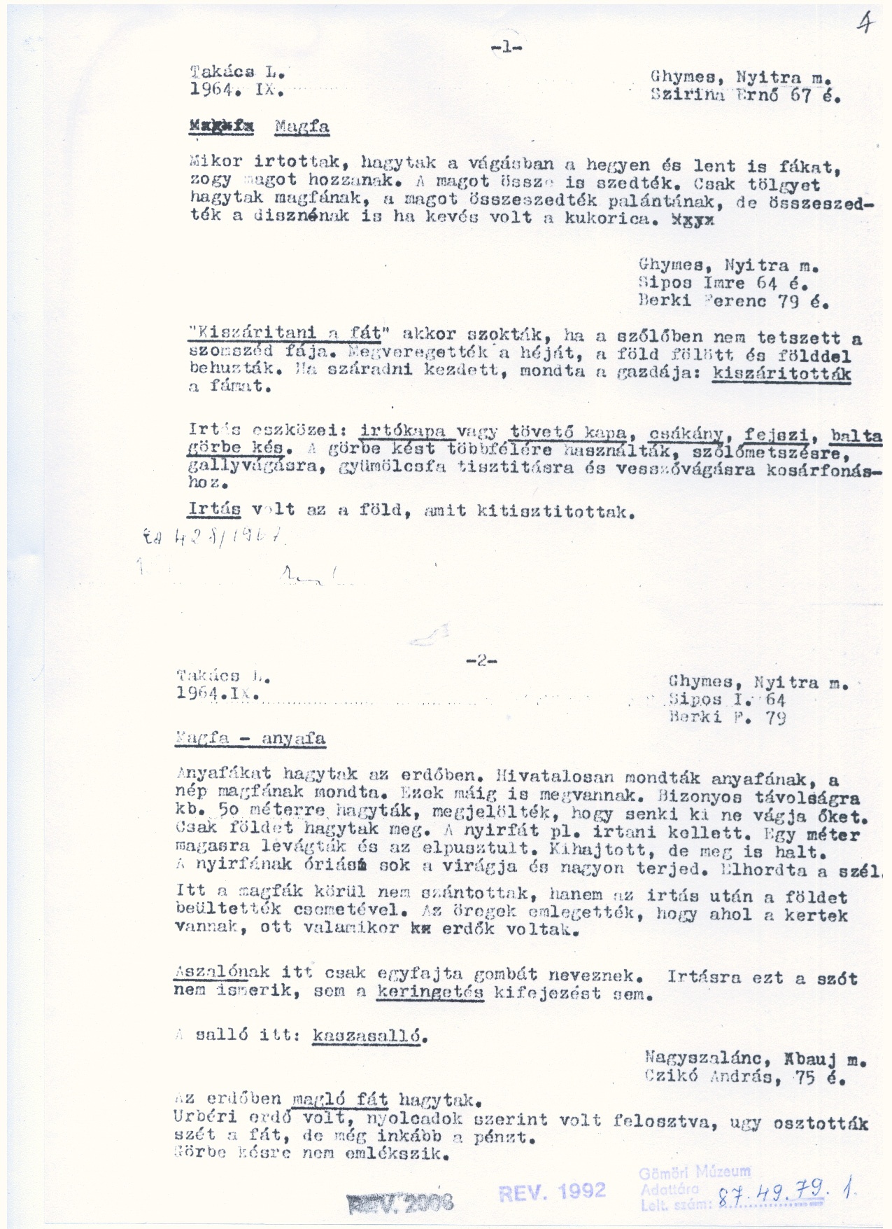 Takács Lajos: Az irtásgazdálkodásra vonatkozó adatok 1964 (Gömöri Múzeum, Putnok CC BY-NC-SA)