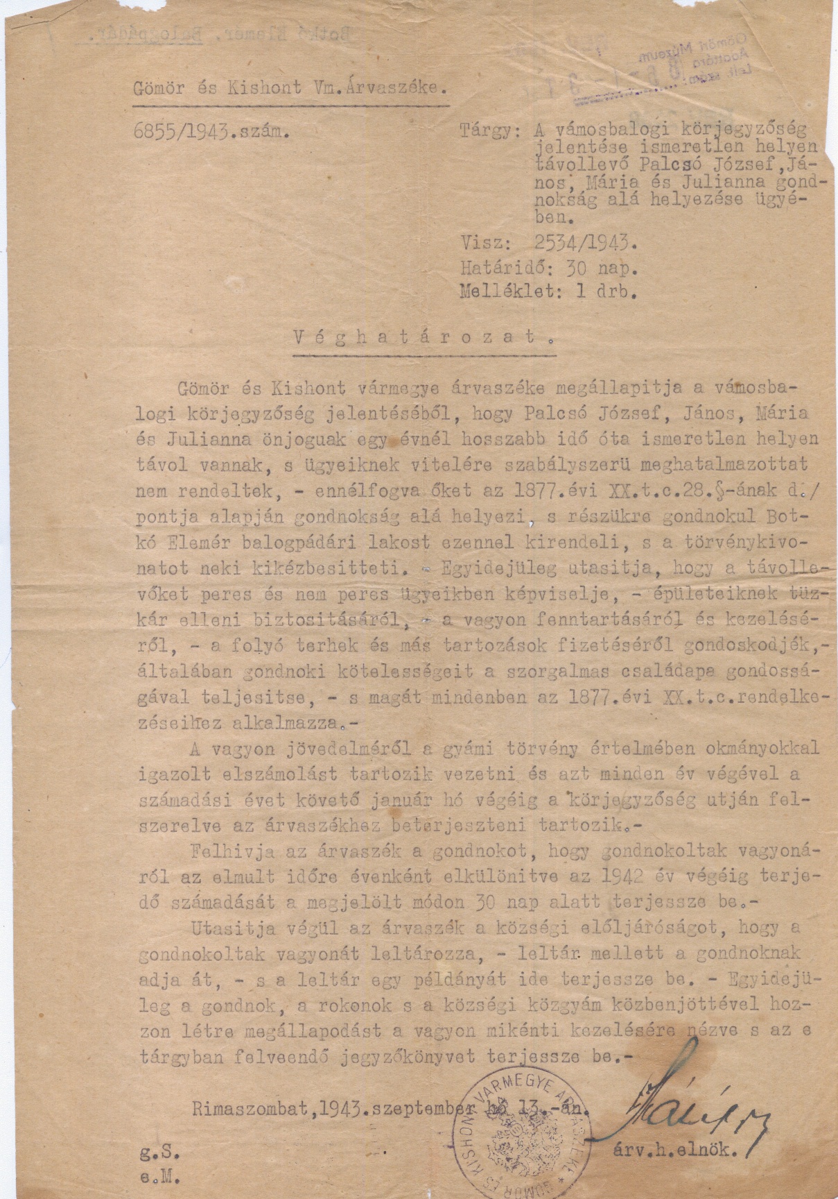 véghatározat 1943. (Gömöri Múzeum, Putnok CC BY-NC-SA)
