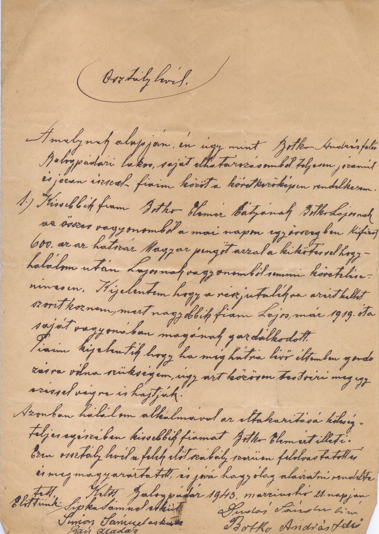Botkó András osztály levele fiai részére (Gömöri Múzeum, Putnok CC BY-NC-SA)