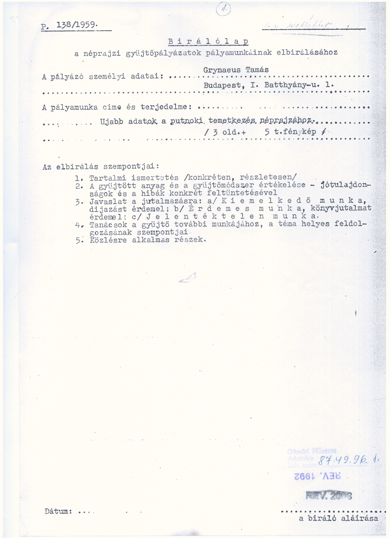 Grynaeus Tamás: Ujabb adatok a putnoki temetk. néprj.1959. (Gömöri Múzeum, Putnok CC BY-NC-SA)