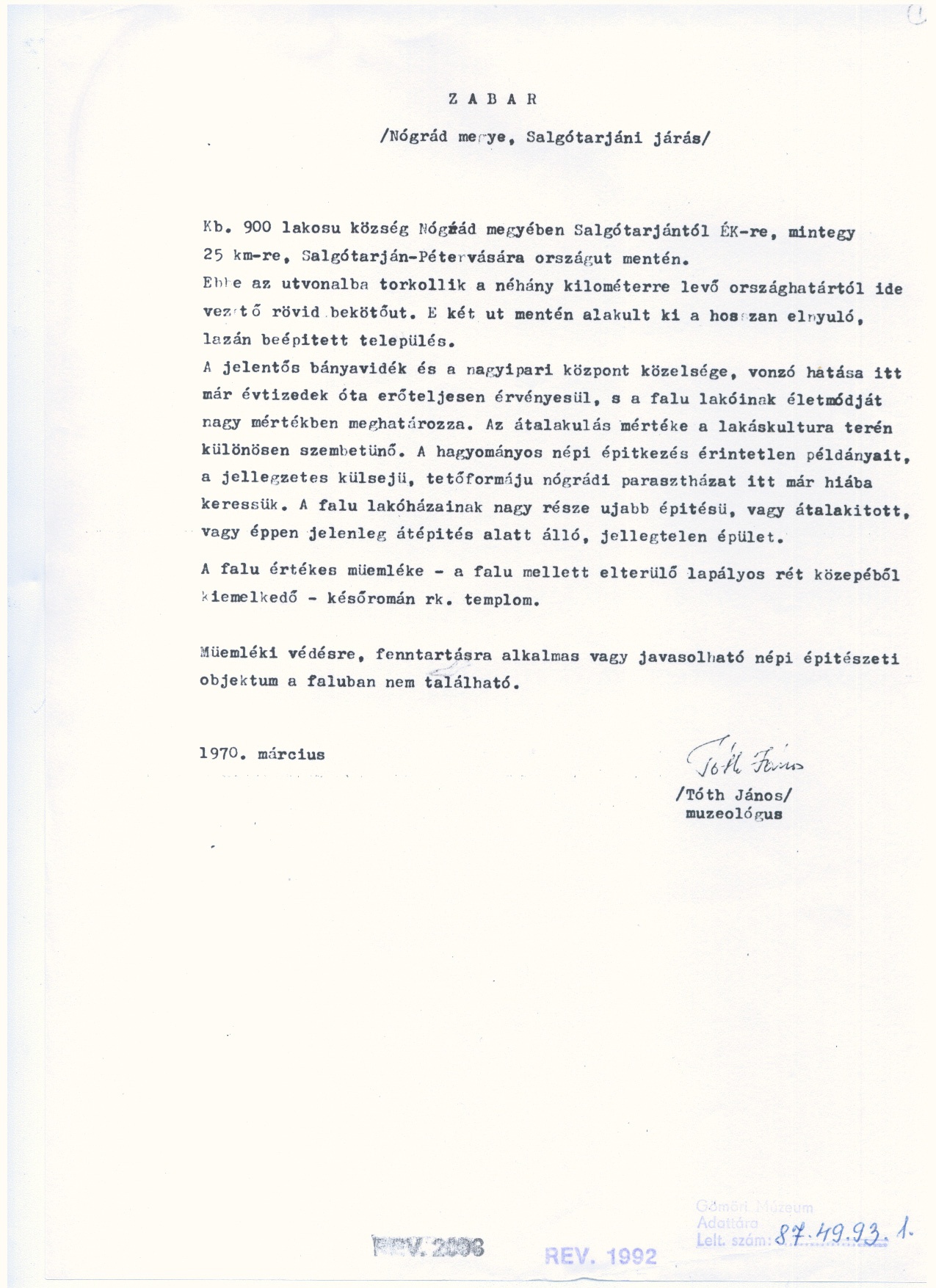Tóth János: Népi építeszeti gyűtés.1970. Zabar. (Gömöri Múzeum, Putnok CC BY-NC-SA)