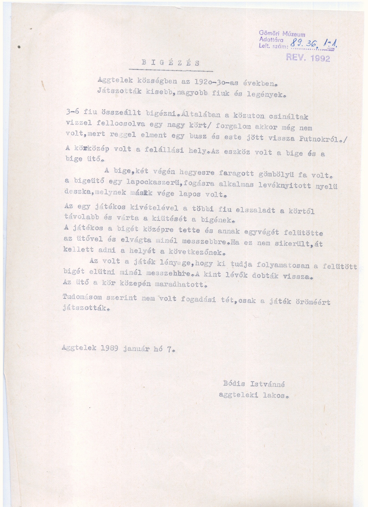 Kézirat    1989. Játékleírások. (Gömöri Múzeum, Putnok CC BY-NC-SA)