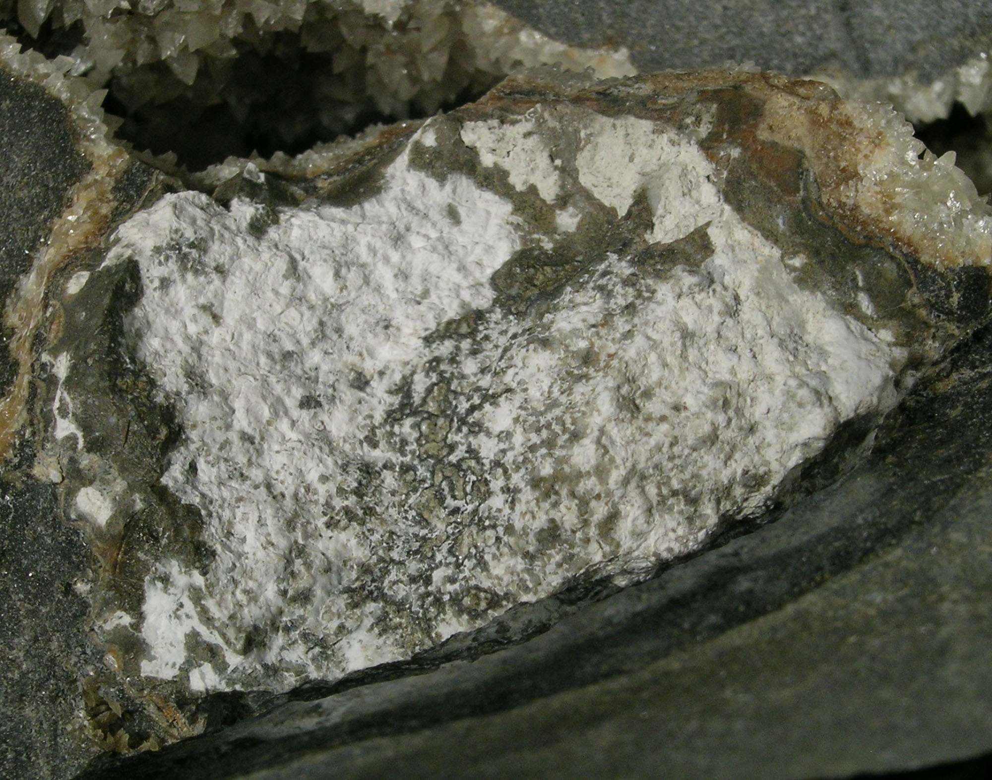 Kuszpidin, grosszulár, magnetit, ettringit, kalcit (Herman Ottó Múzeum, Miskolc CC BY-NC-SA)
