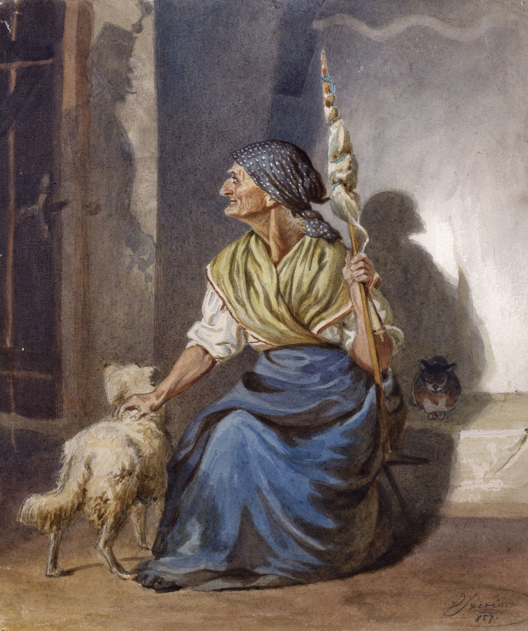 Öregasszony a rokkánál, kutyával (Hansági Múzeum CC BY-NC-SA)