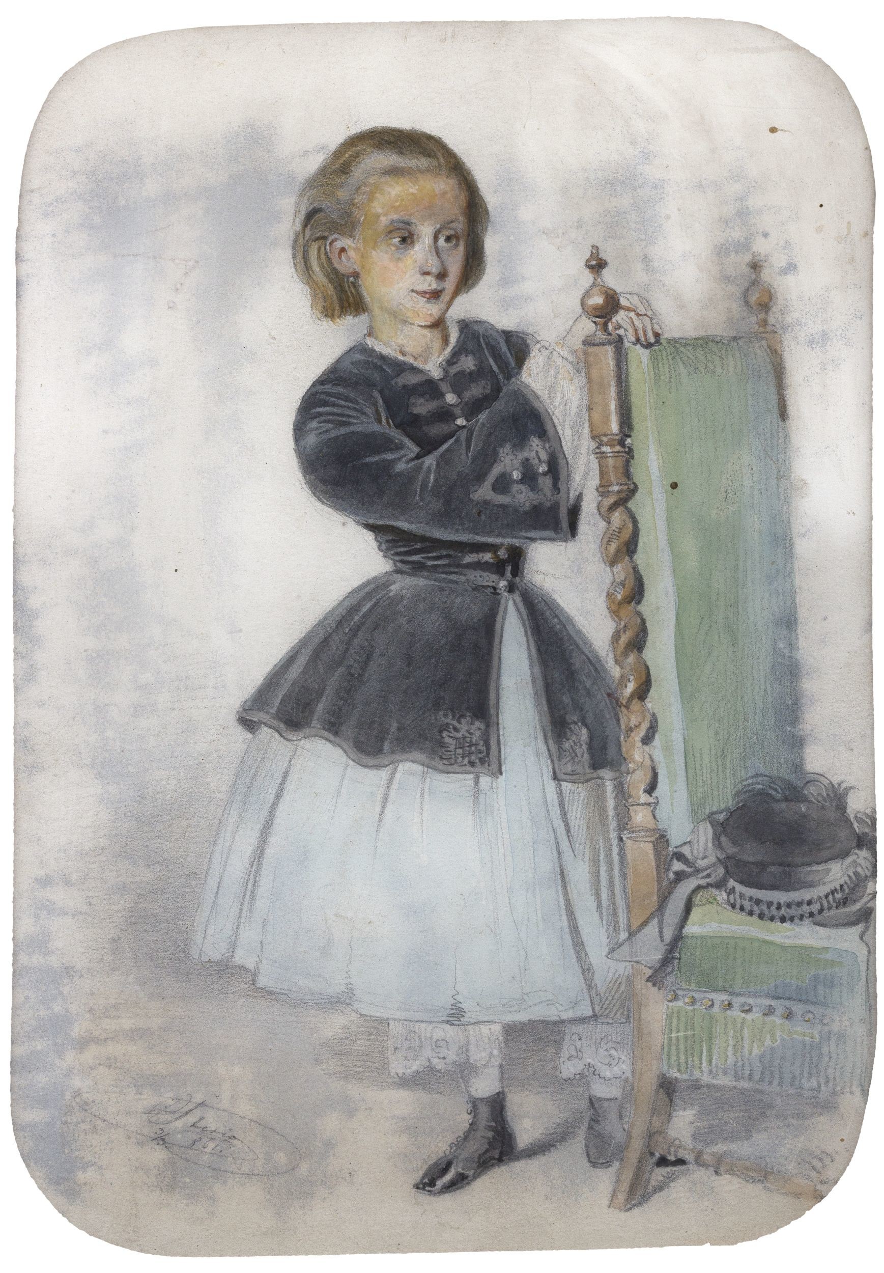 Szék mellett álló kisleány (Hansági Múzeum CC BY-NC-SA)