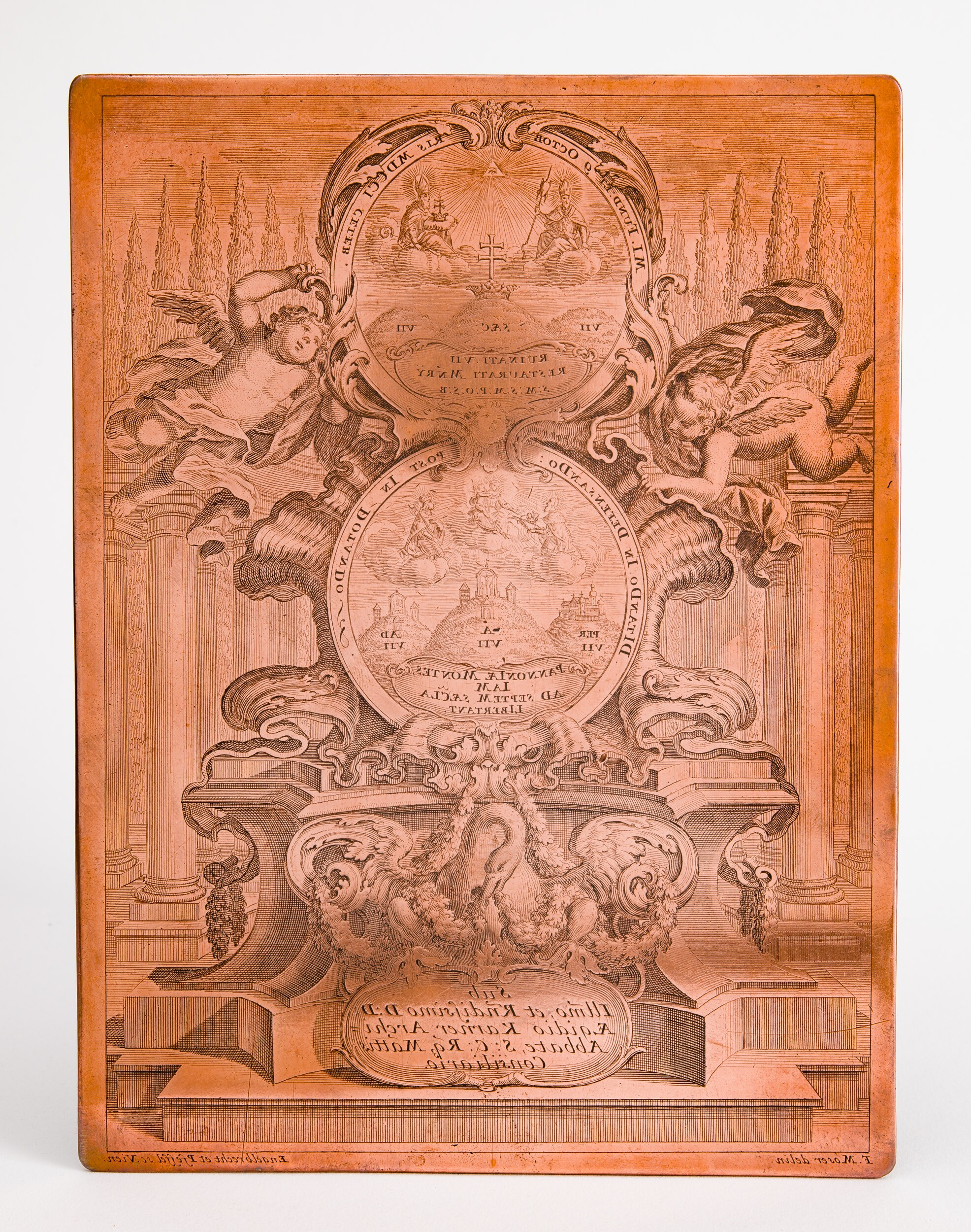Pannonhalmi Bencés Rend alapításának 700. évfordulójára készült jubileumi emléklap réz nyomólapja (Pannonhalmi Főapátsági Múzeum CC BY-NC-SA)