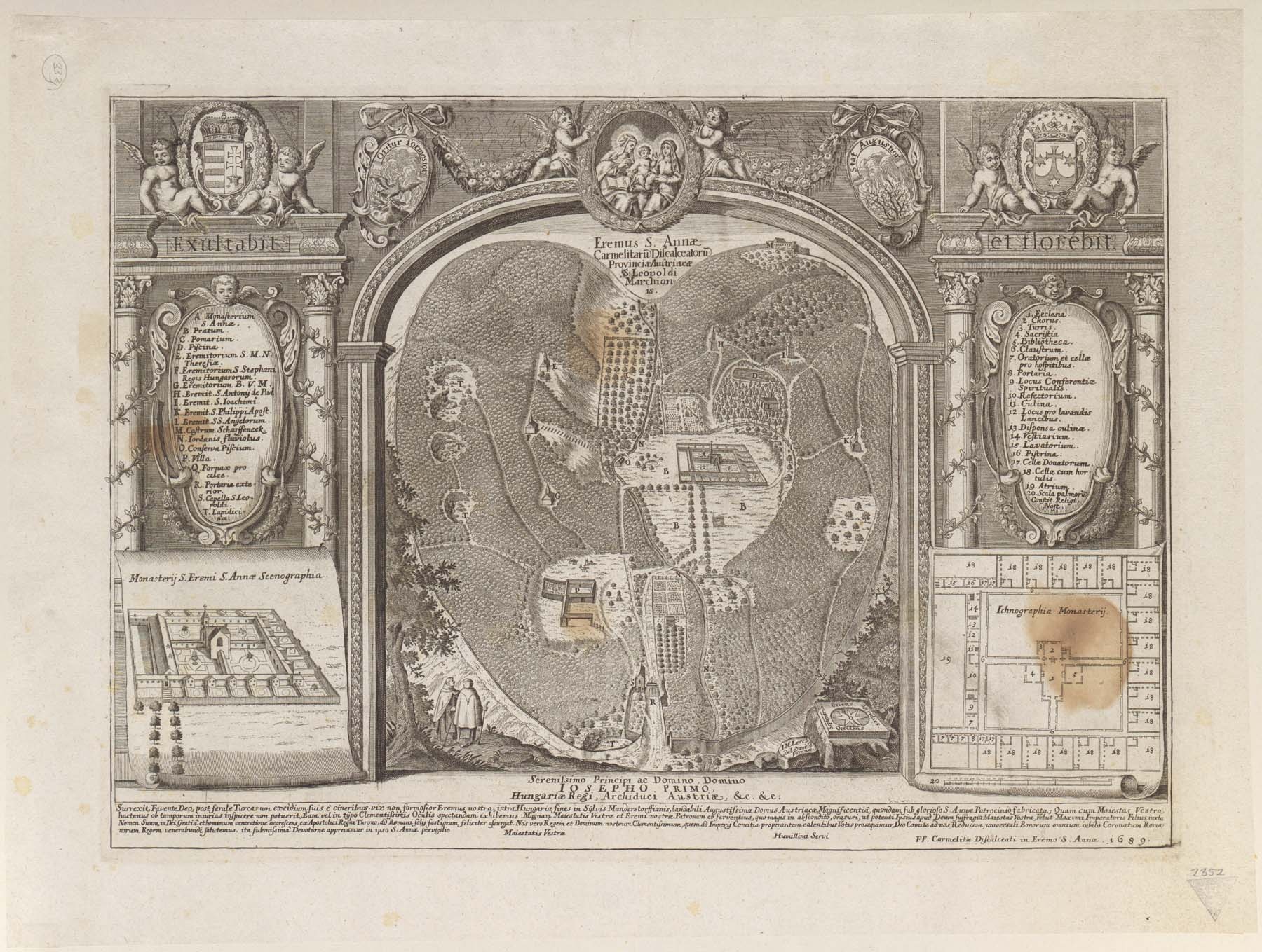 Karmelita kolostor térképe, 1689 (Pannonhalma Főapátsági Múzeum CC BY-NC-SA)