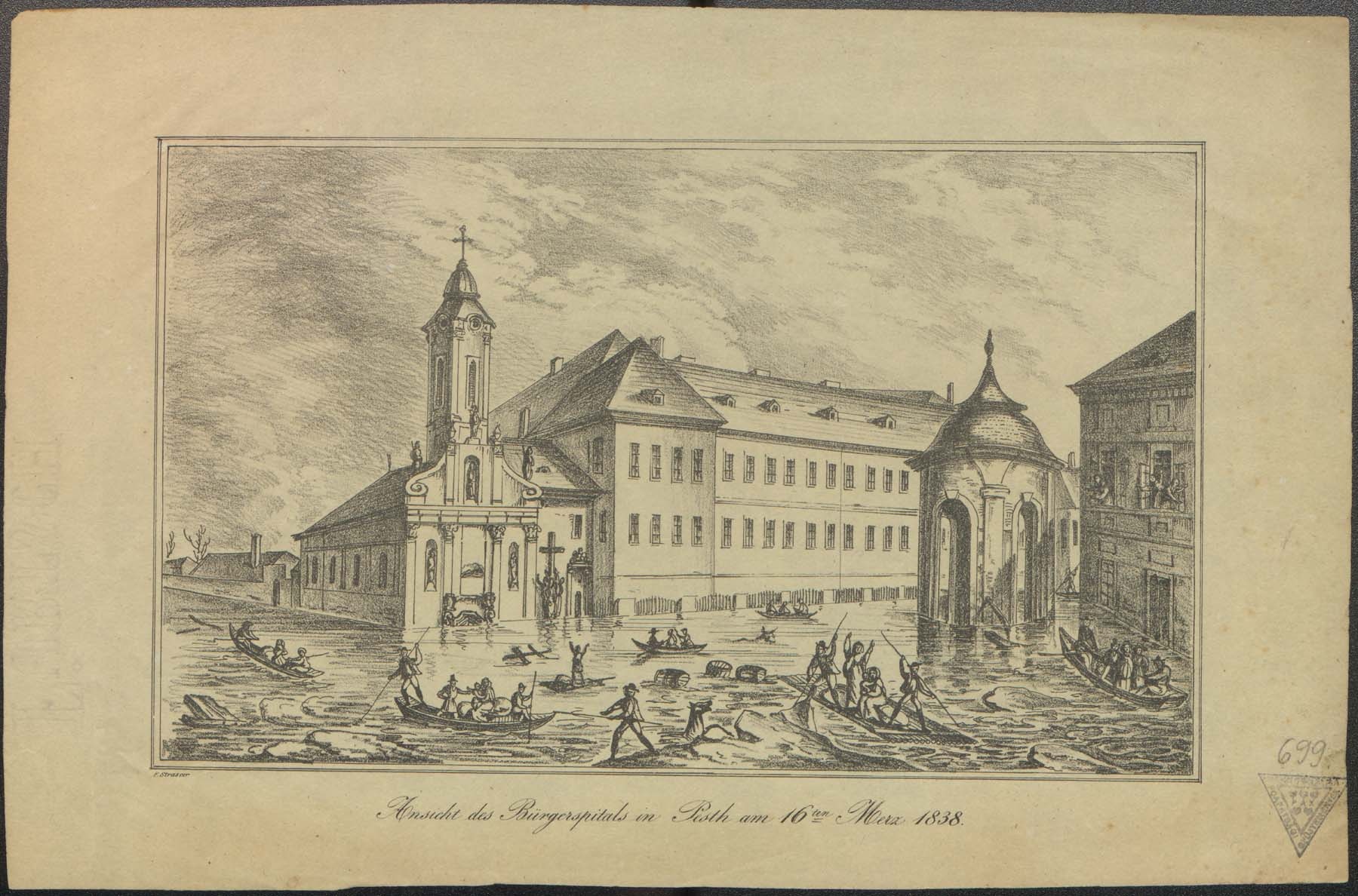 Pest Szt.Rókus korház az 1838-as árvíz idején (Pannonhalma Főapátsági Múzeum CC BY-NC-SA)