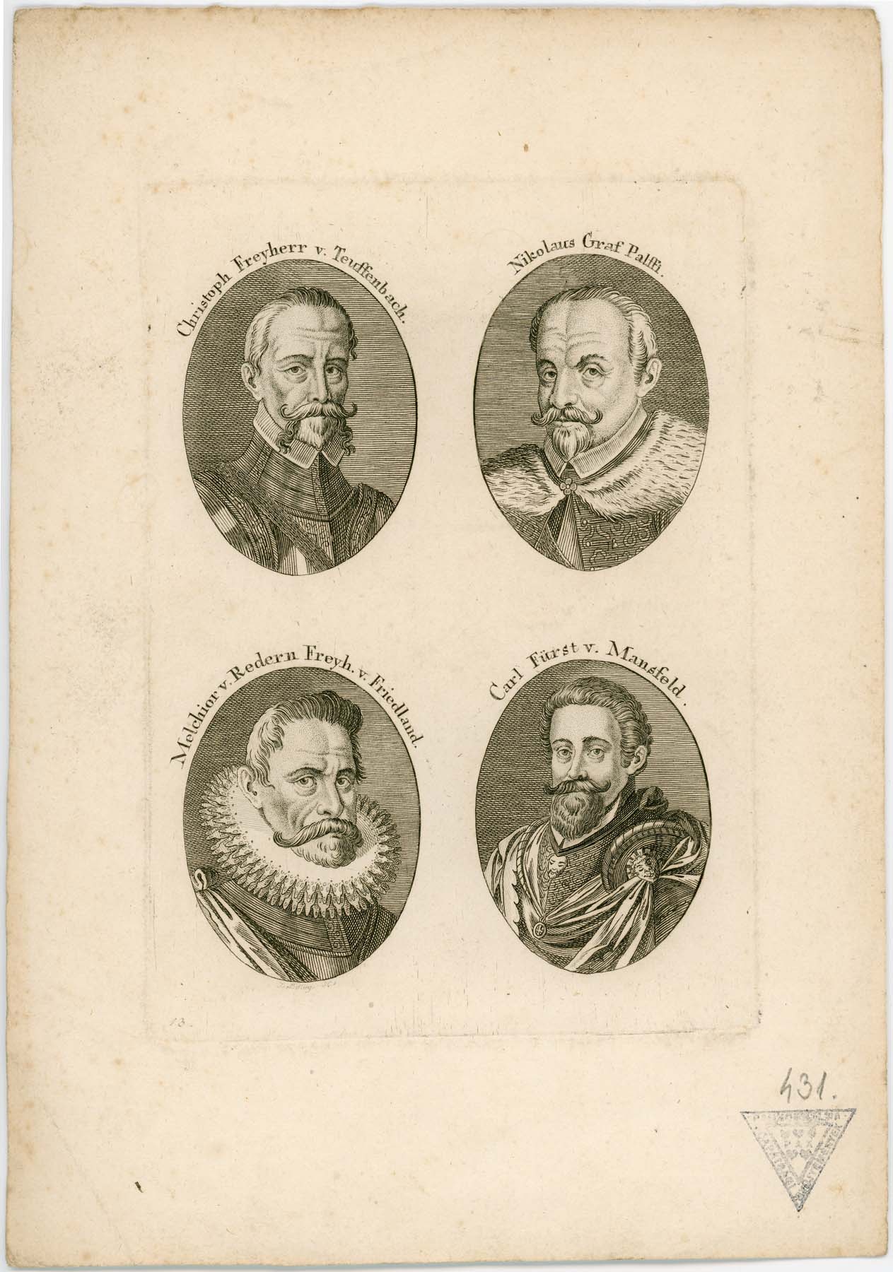 4 portré; Christoph Fryherr v.Teuffenbach, gr.Pálffy Miklós, Melchior v.Redern, Carl Fürst v.Mansfeld (Pannonhalma Főapátsági Múzeum CC BY-NC-SA)