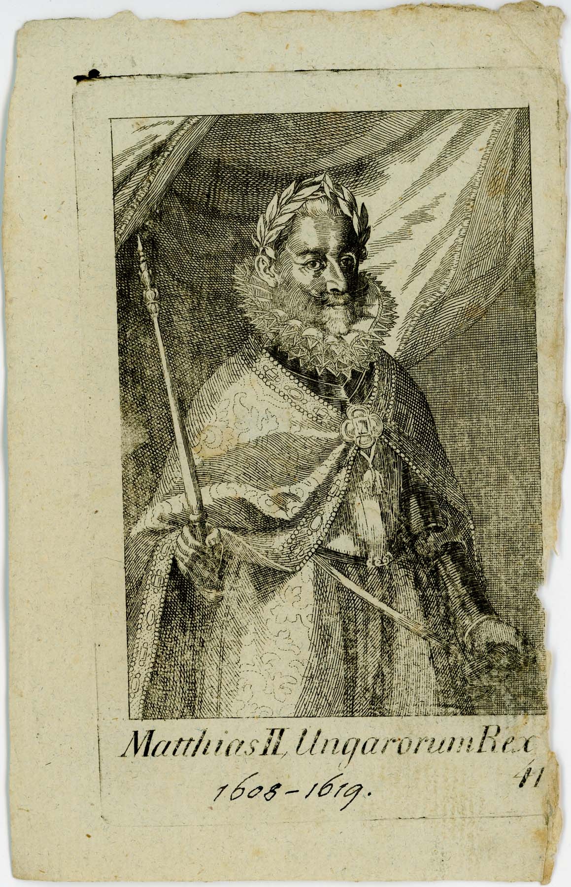 Magyar uralkodók arcképsorozat 11-18.sz., ungarorum rex 41. mátyás ii. 1608-1619 (Pannonhalma Főapátsági Múzeum CC BY-NC-SA)